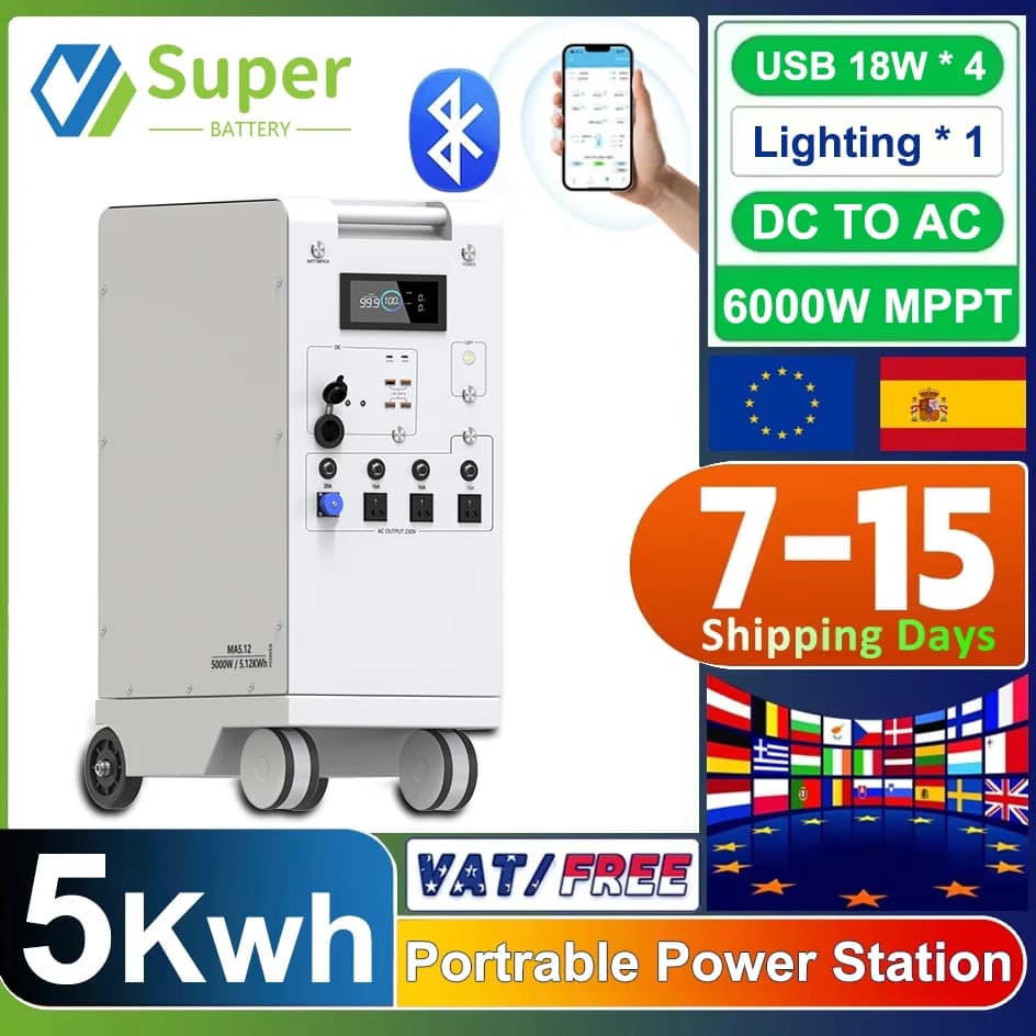 Centrale électrique Portable 5000W LiFePO4, 48V, 100ah, 5kwh, 6000W, onduleur MPPT avec lumière 18W-USB, entrée/sortie AC ue, entrée PV, STOCK ue