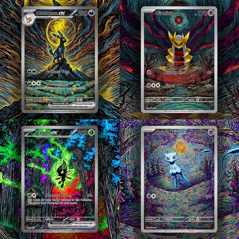 Carte PKM Série Style Psychedelique Sombre Umbreon Giratina Shiny Mew – Carte de Collection Classique Anime – Carte Réelle – Anglais