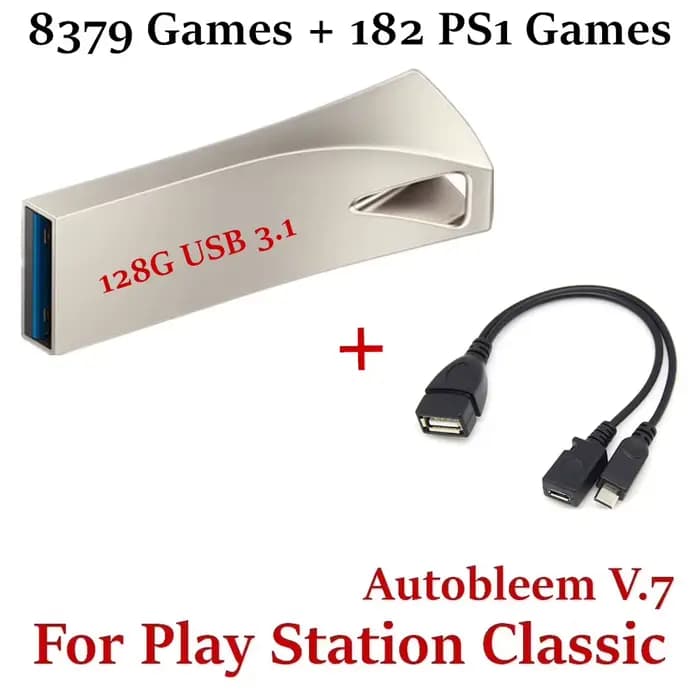 Clé USB 128 Go U-Disk pour jeux PlayStation Classic 8379 + 182 jeux PS1 Plug & Play avec câble Micro