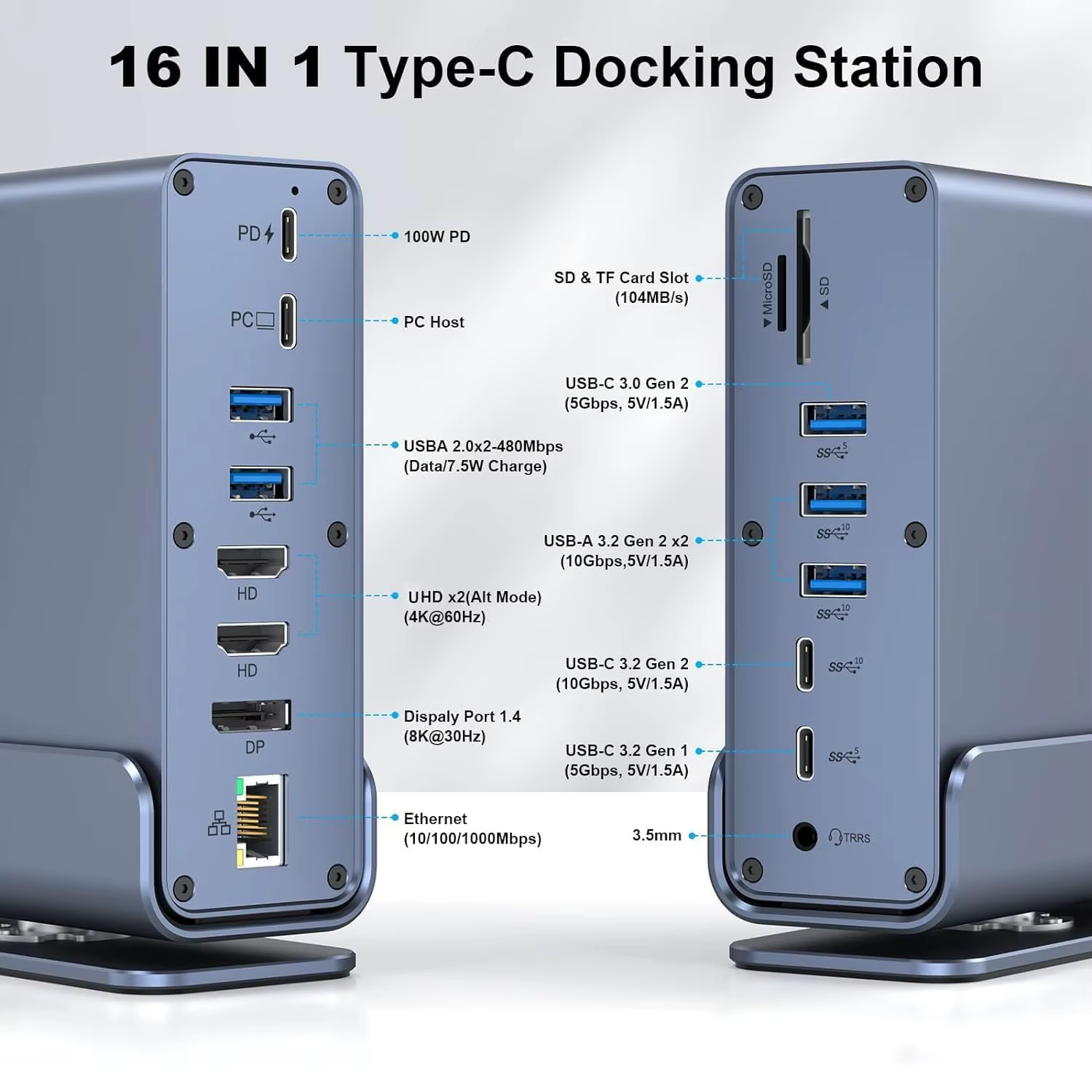 Station d'accueil pour ordinateur portable Thunderbolt4 USB C avec 2 ports USB compatibles HDMI, DP,