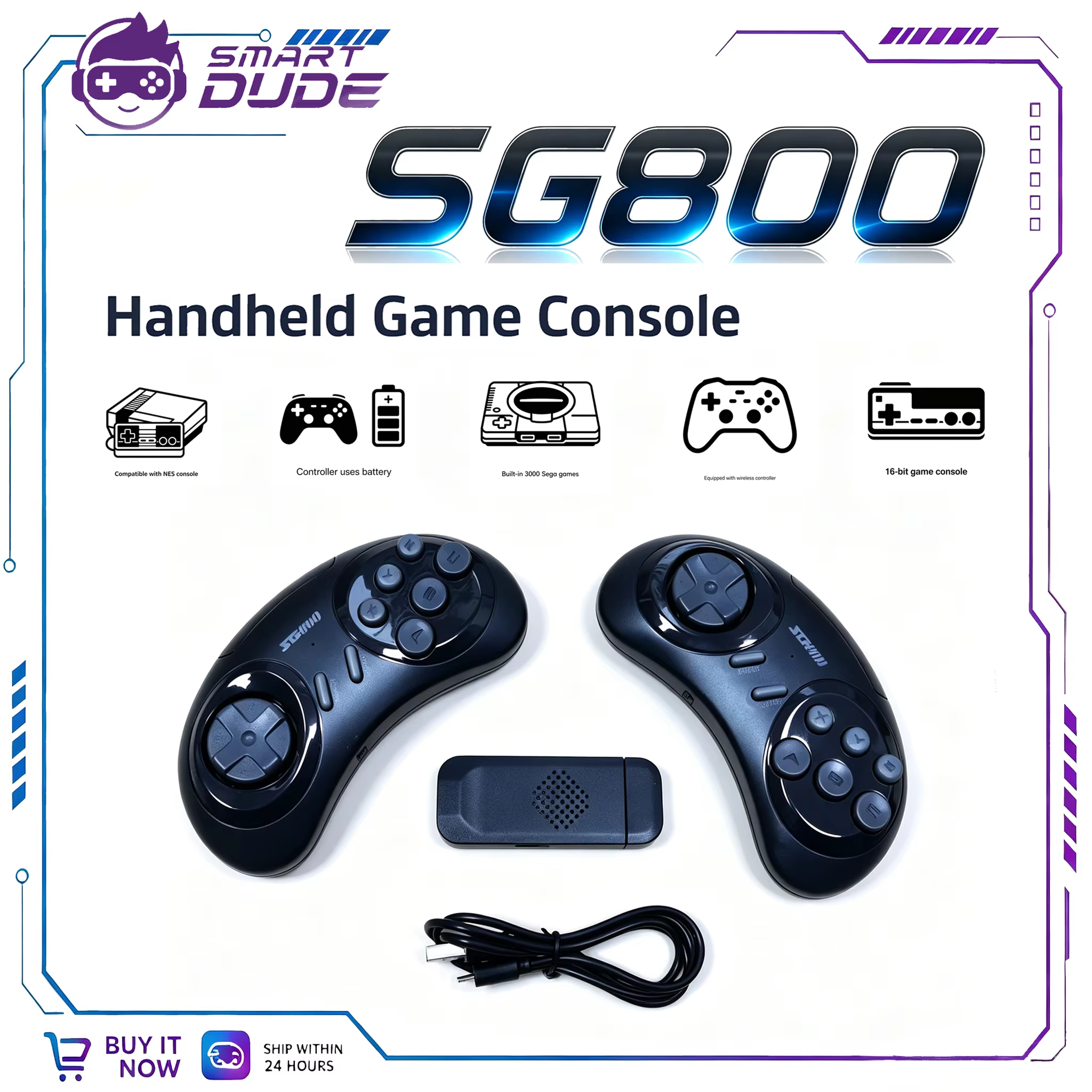 Bâton de console de jeu vidéo rétro HD pour SEGA, contrôleur sans fil, 16 bits, 3000 jeux, NESS, SG8