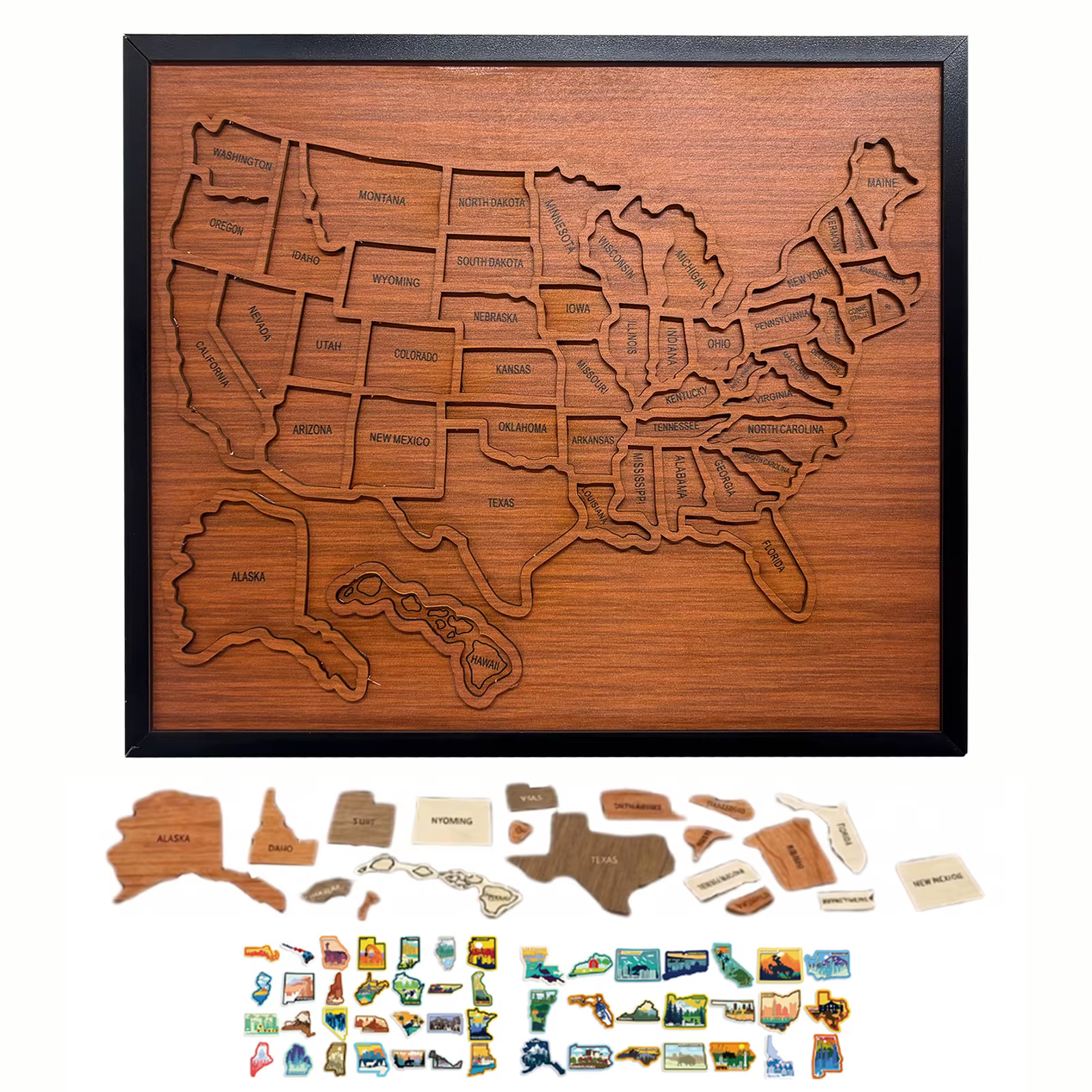 Puzzle de voyage en bois des États-Unis 12 x 10 pouces avec autocollants et épingles, cartes de suiv