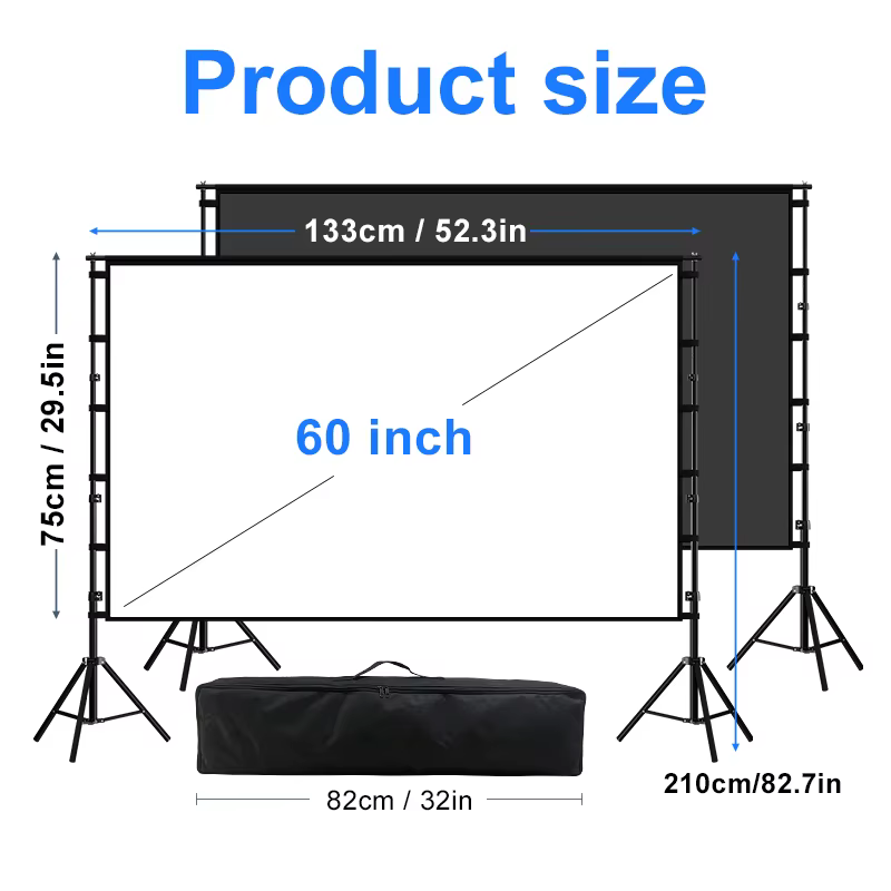 Écran de projection VEIDADZ avec support, fond noir, sans plis, 60-150 pouces, adapté au home cinéma