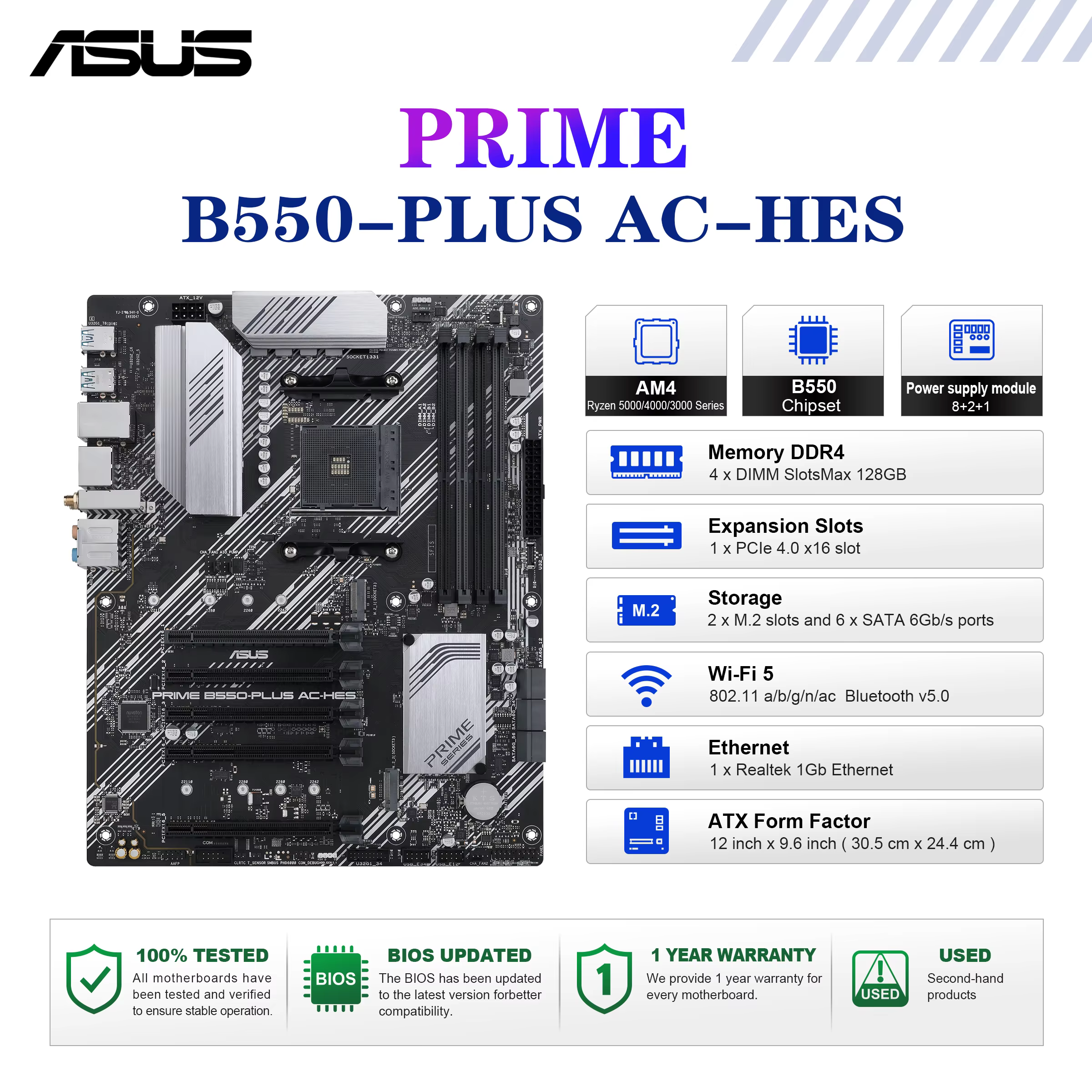 ASUS PRIME B550-PLUS AC-HES carte mère Socket AM4 CPU DDR4 4866 (OC) jeu de puces mémoire B550 ATX c