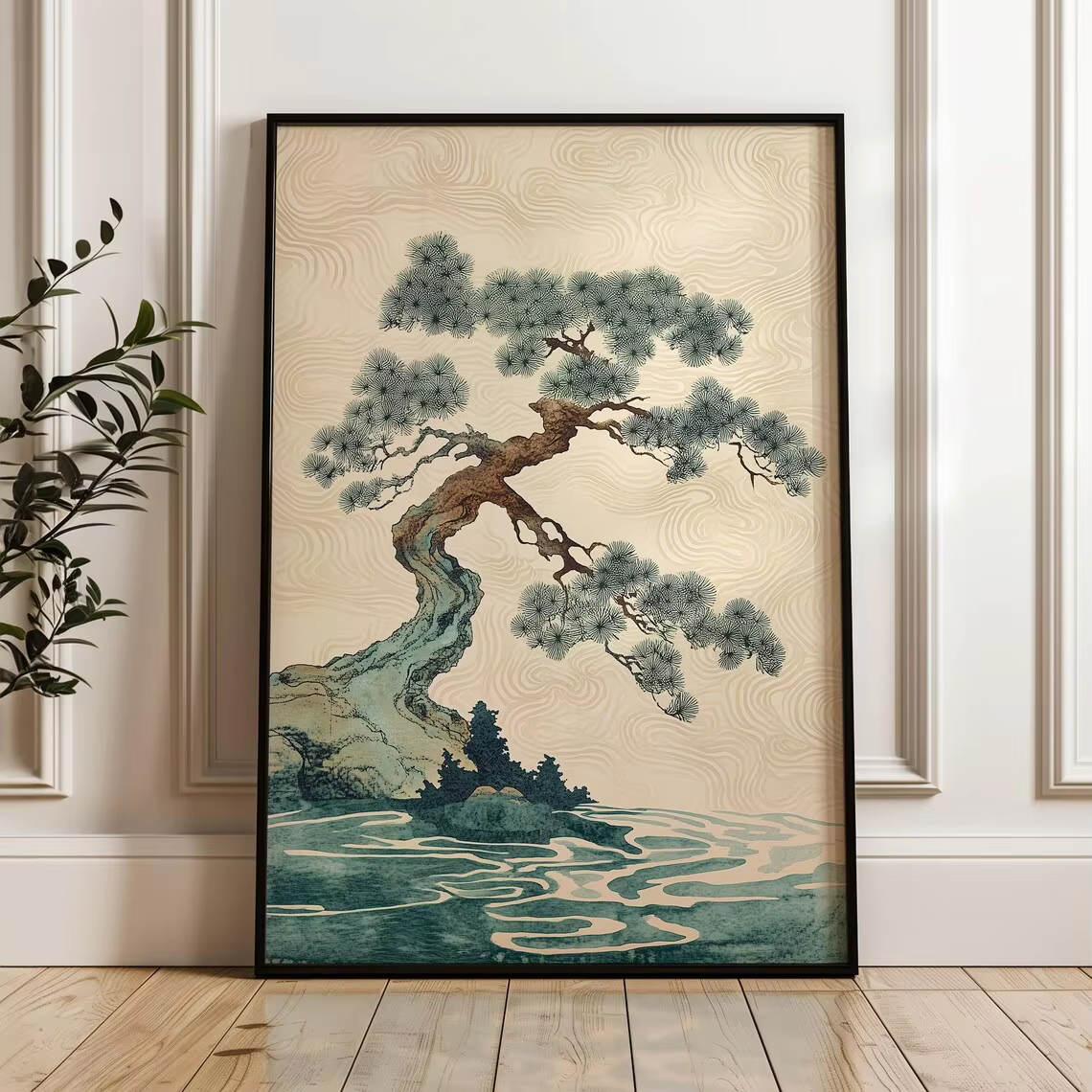 Affiche de chemin de jardin japonais, art mural vert beige, illustration de paysage forestier, impre
