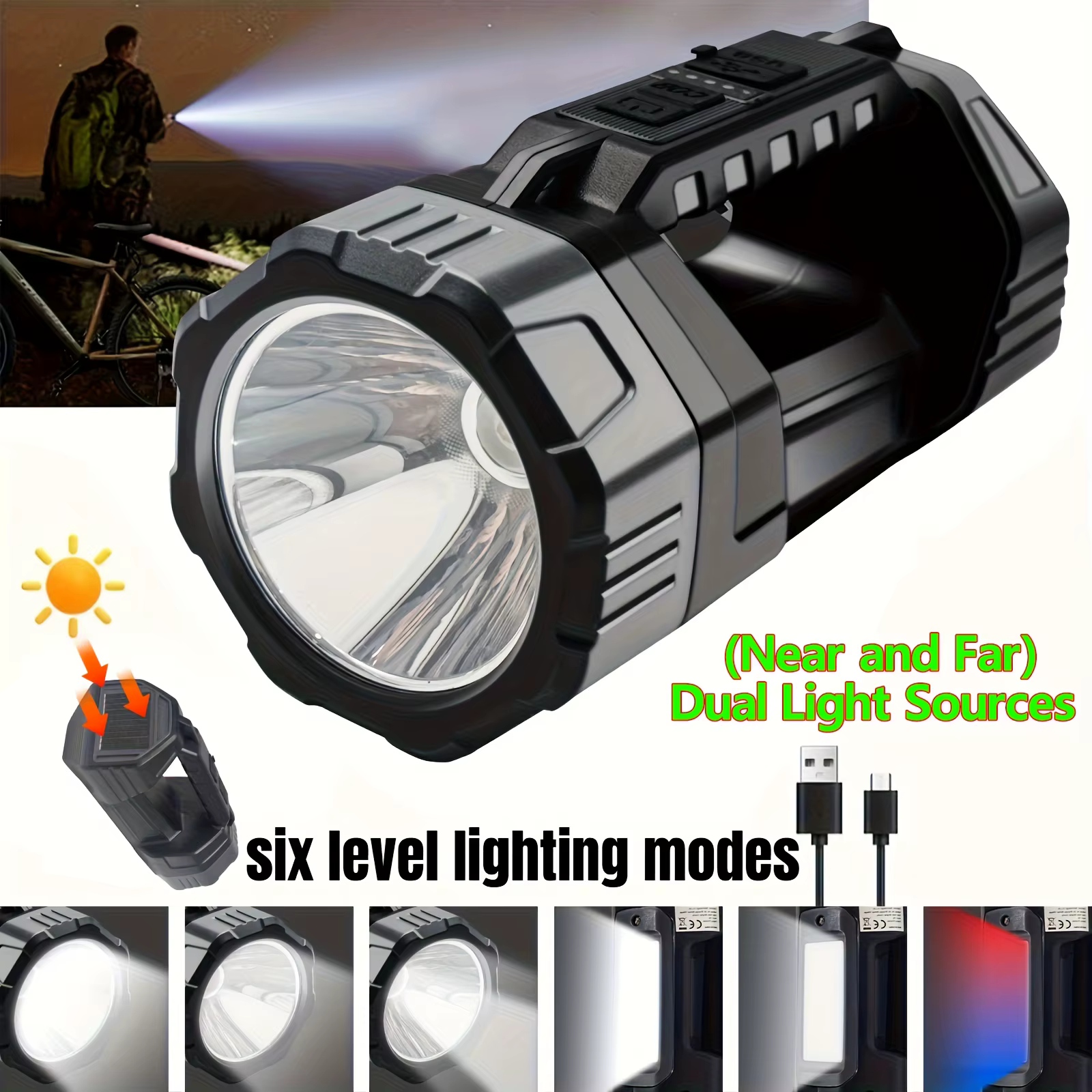Lampe de poche Portable à énergie solaire, lumière forte, Rechargeable, batterie Ultra longue durée