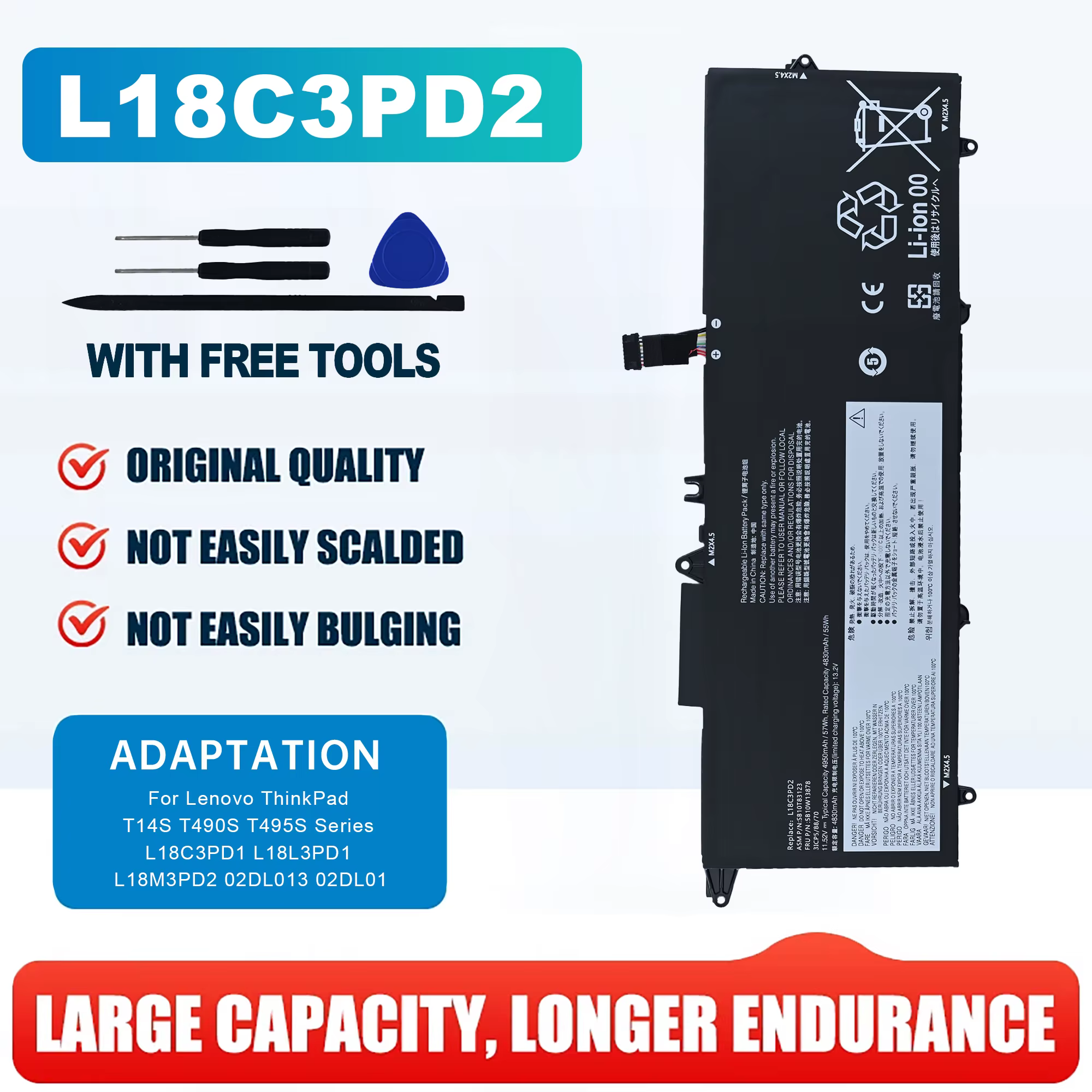 Batterie d'origine pour ordinateur portable Lenovo ThinkPad T14S T490S T495S, série L18C3PD1 L18L3PD