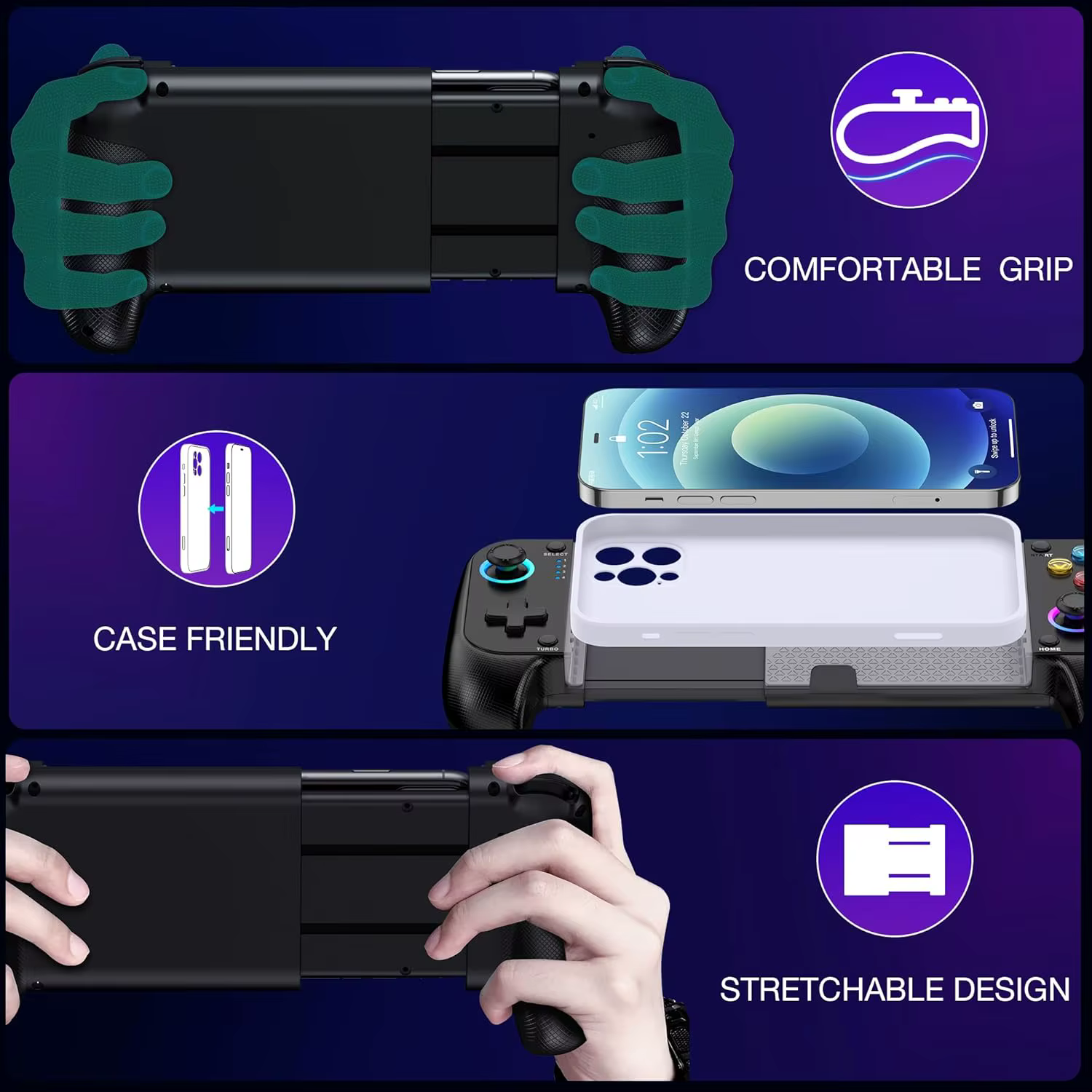 Manette de jeu sans fil 7009F pour iOS/Android avec joystick à effet Hall et éclairage RGB, manette 