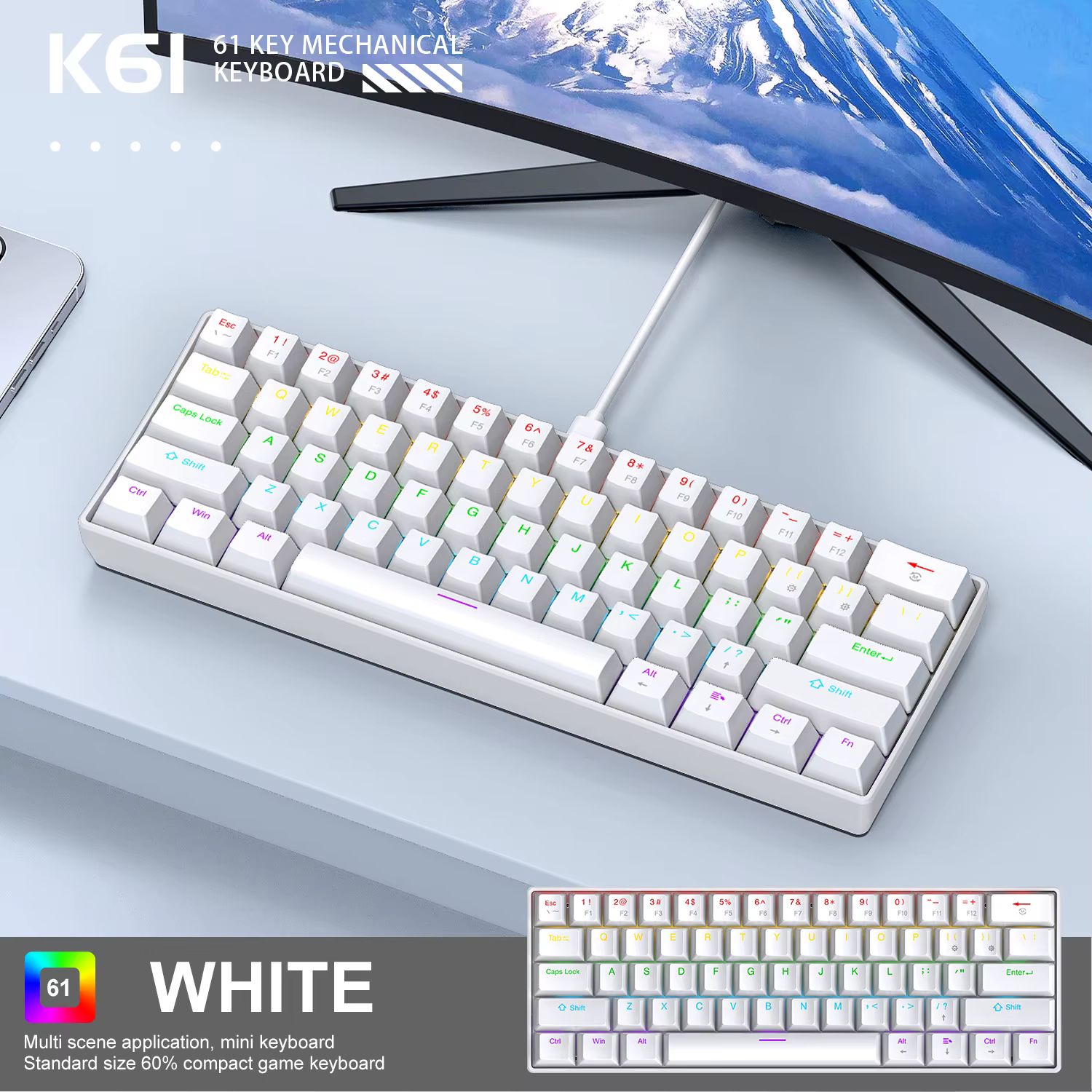 Clavier de jeu mécanique filaire K61 60%, disposition mini 61 touches, rétroéclairage RVB, interrupt