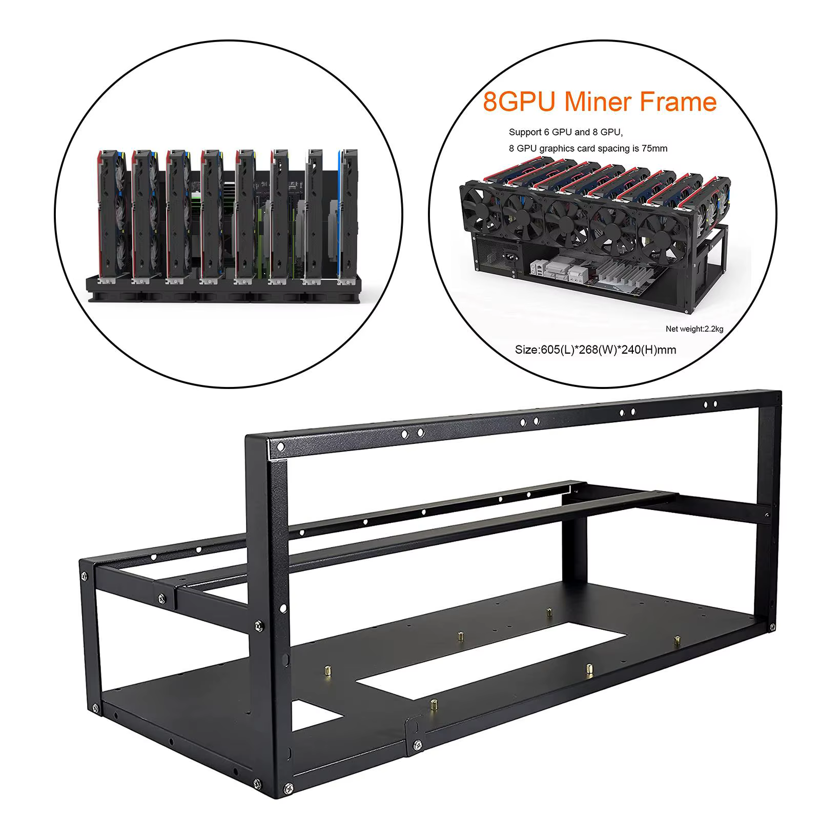 Châssis de Rig de Minage 6/8 GPU, Boîtier de Minage, Outils de Minage, Cadre Unique avec Support de