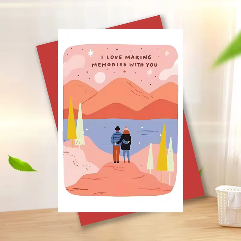 Carte romantique pour couple, citation « J'aime créer des souvenirs avec toi », art de paysage monta
