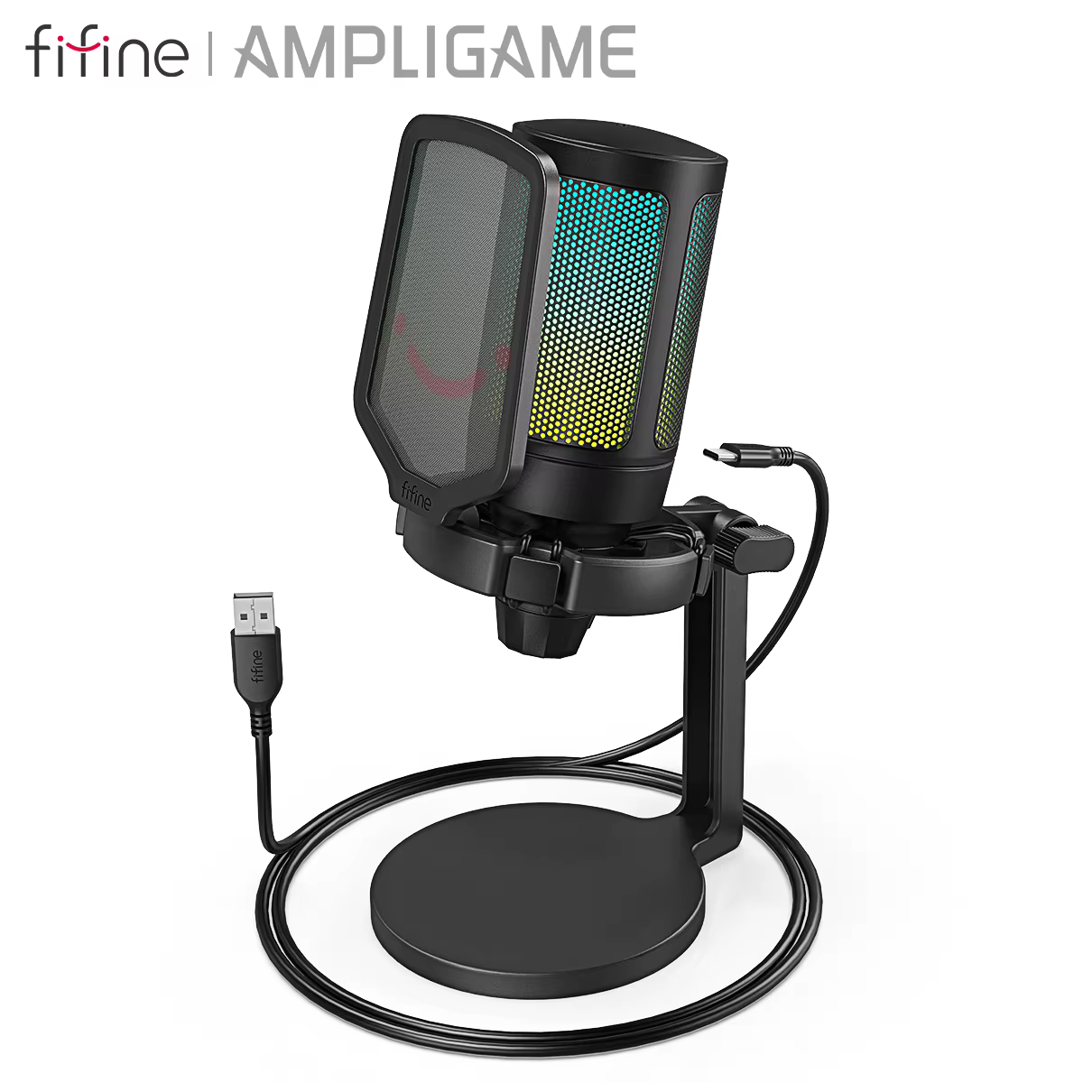 AmpliGame by FIFINE Microphone de jeu USB avec RVB, Bouton de gain, Muet tactile, Micro à condensate