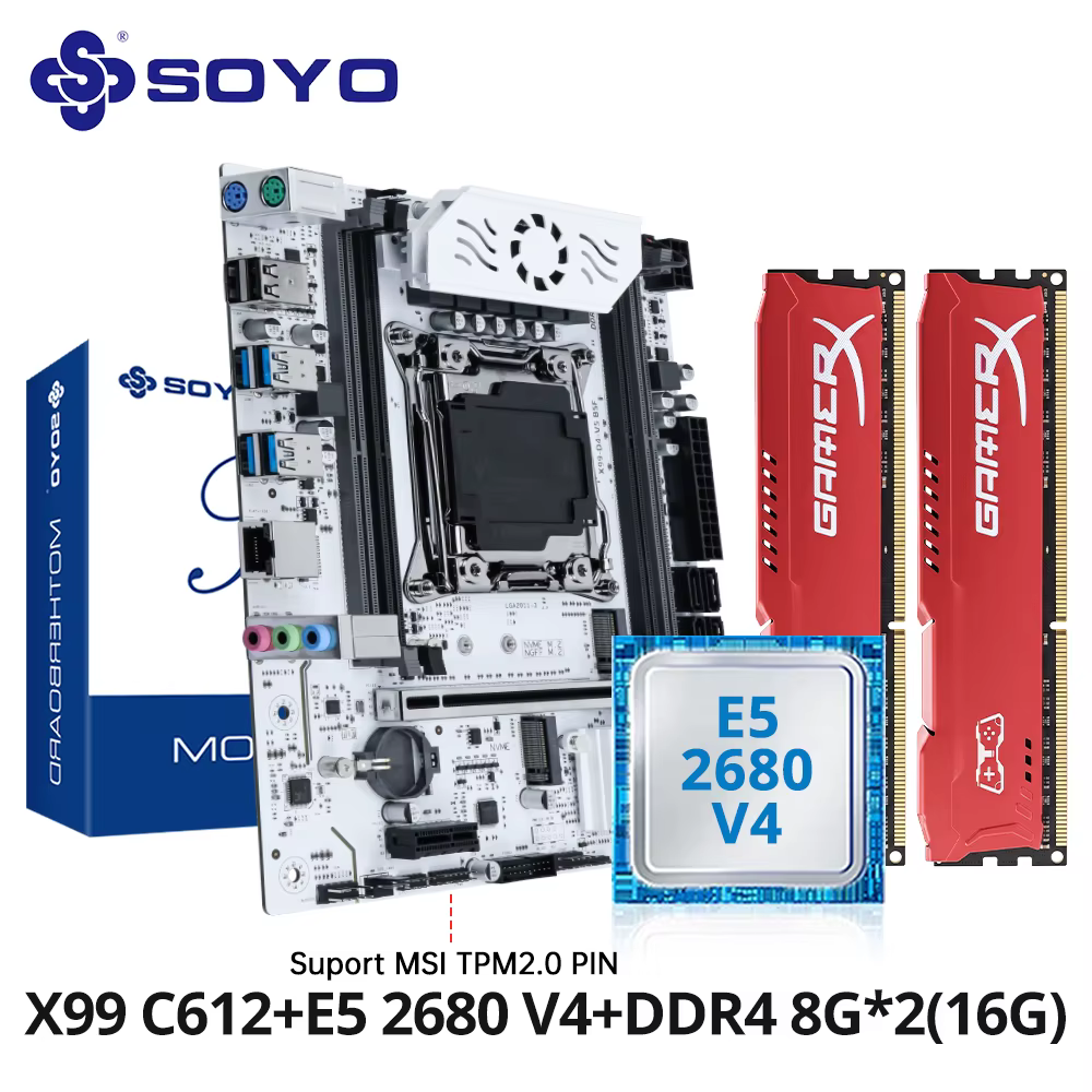 SOYO X99 jeu de carte mère C612 Chipset TPM2.0 broche avec E5 2680 V4 CPU et DDR4 16G (2*8G) 2133MHz