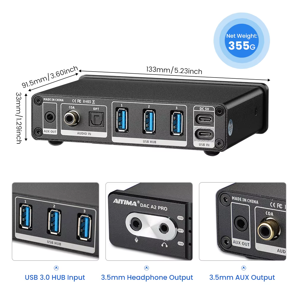 AIYIMA Audio DAC-A2 PRO USB Gaming DAC amplificateur de casque Hub USB Mini décodeur pour PS5 casque