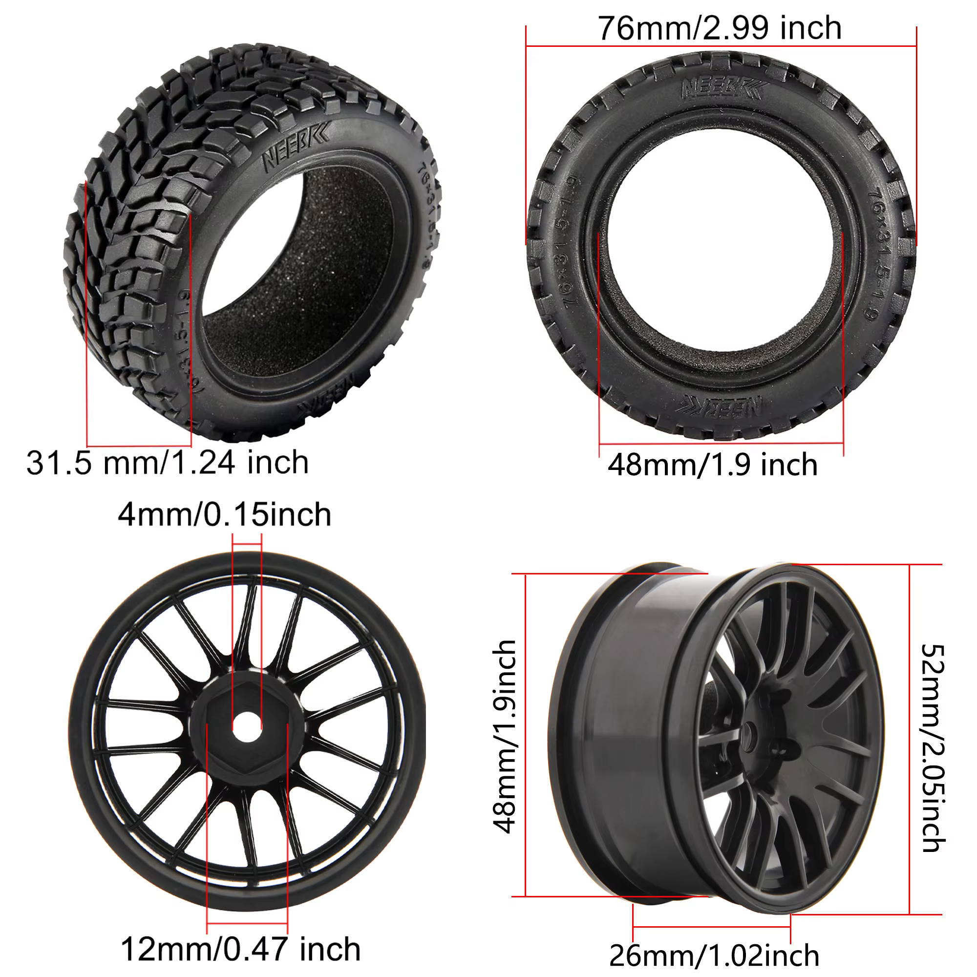 Pneus de Buggy tout-terrain de 1.9 pouces, 75mm, roue de 12mm, moyeux hexagonaux en caoutchouc pour 