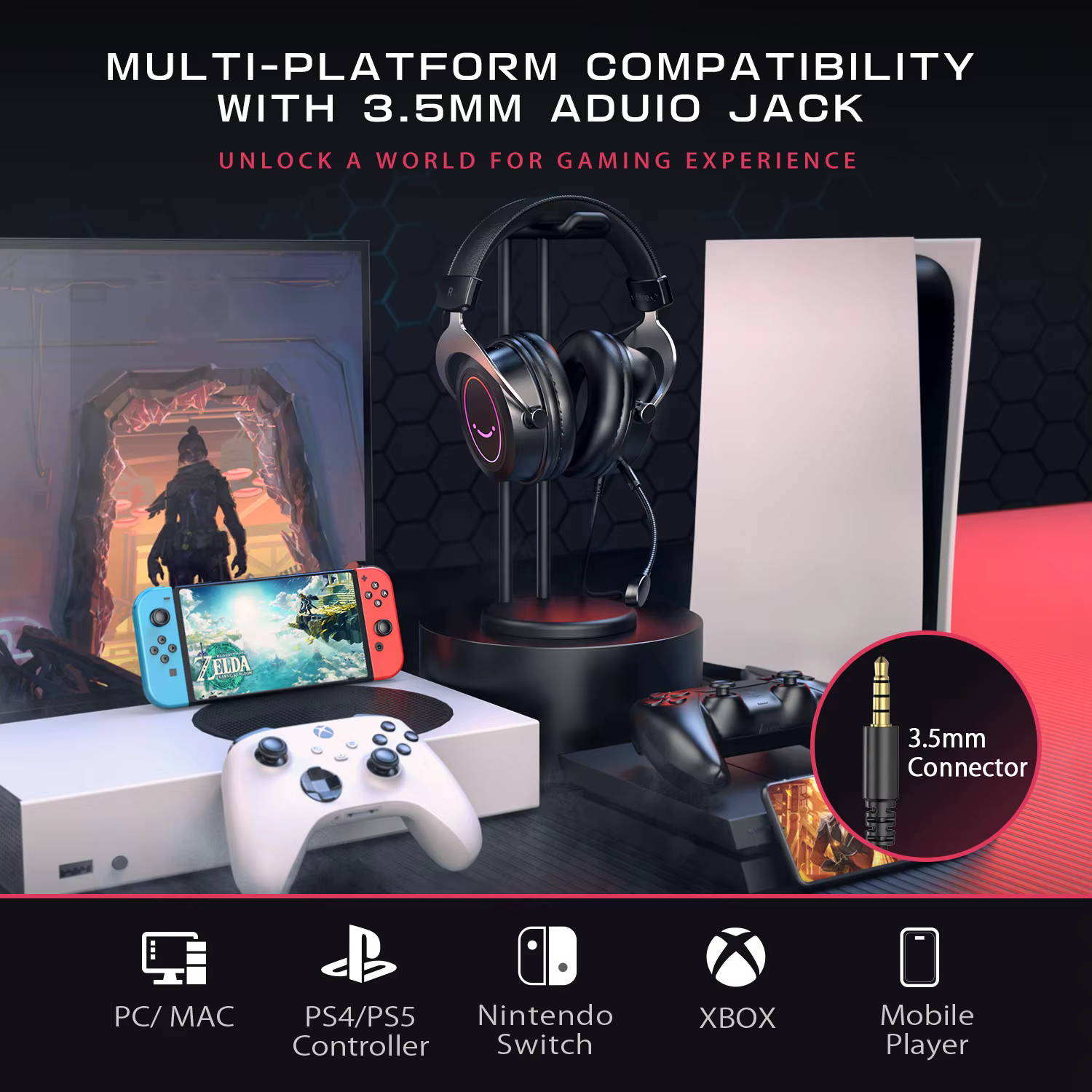 Casque de jeu FIFINE avec contrôle dynamique rvb/micro/en ligne, coussinets d'oreille en mousse à mé