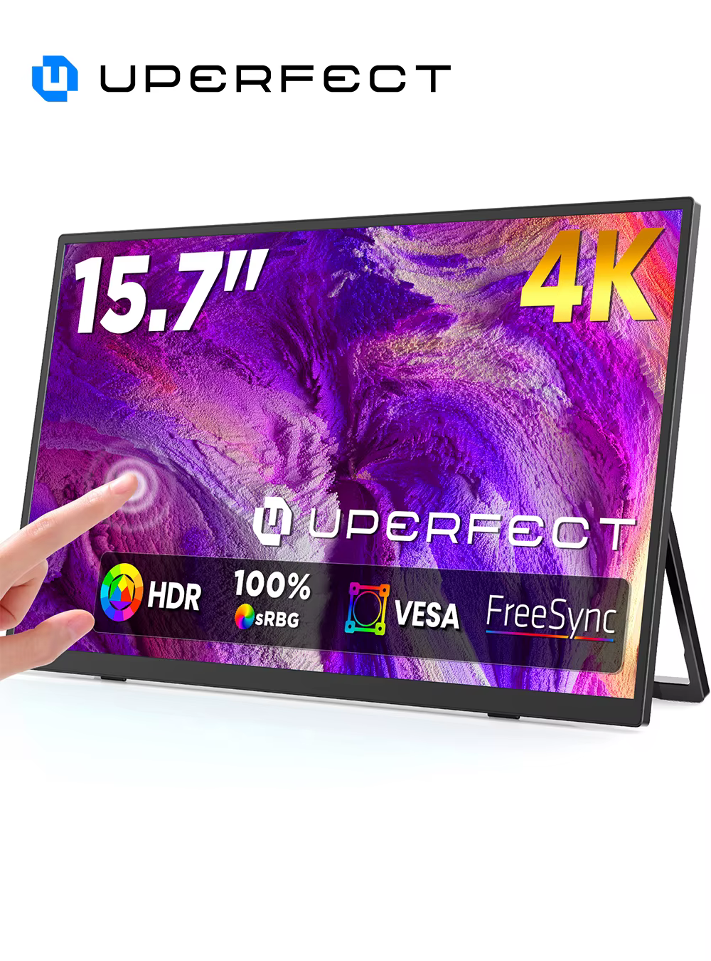 Moniteur portable tactile 4K UPERFECT 15,7" 100 % sRGB UHD avec VESA et support - Ultra-fin, FreeSyn