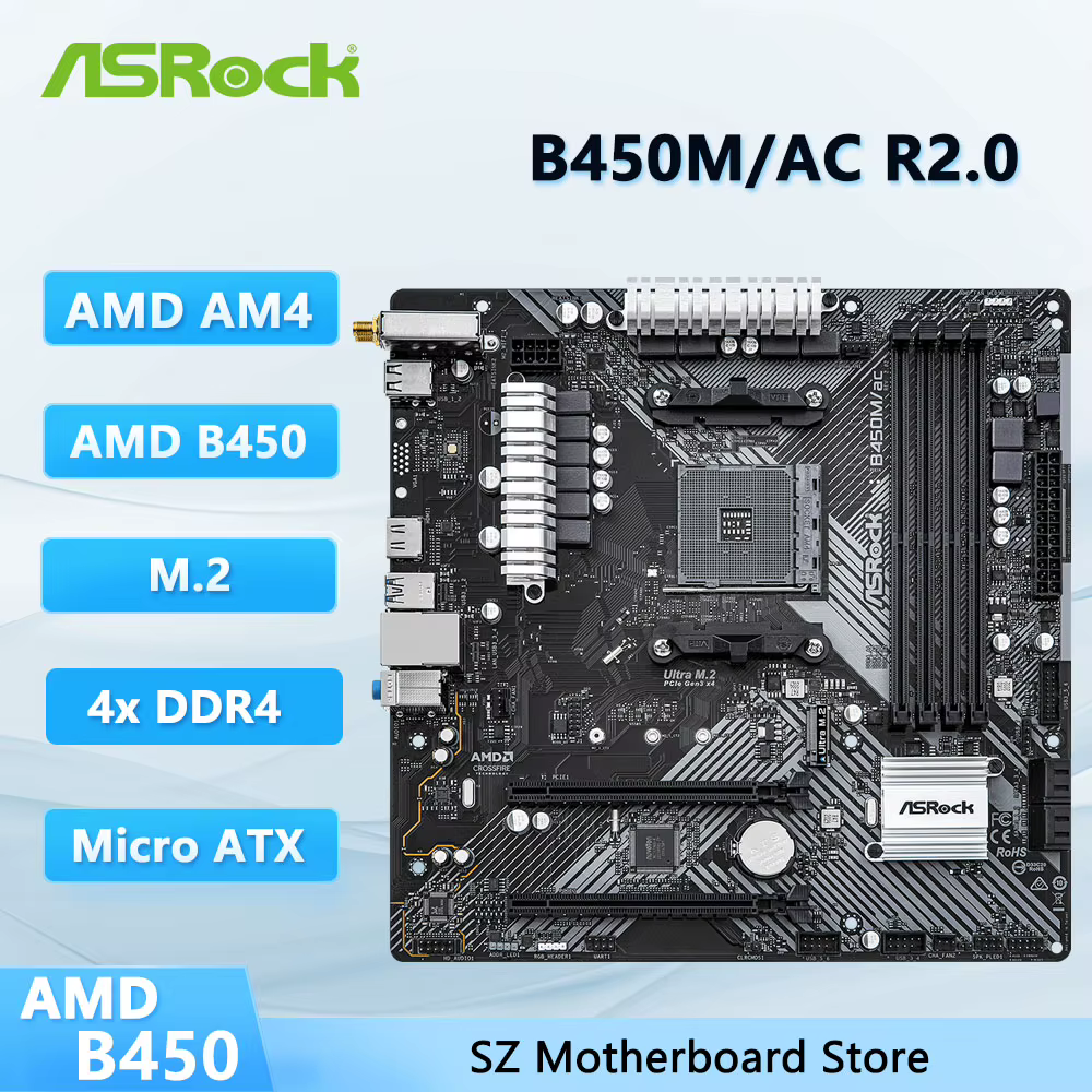 Carte mère ASRock B450 B450M, carte mère B450M/ac R2.0, AM4 DDR4 128 Go, Ryzen 5 5600 5600G R7 5700
