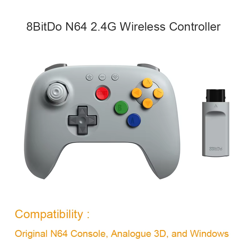 Manette de jeu sans fil 8BitDo N64 2.4G avec adaptateur pour console N64 originale, analogique 3D et