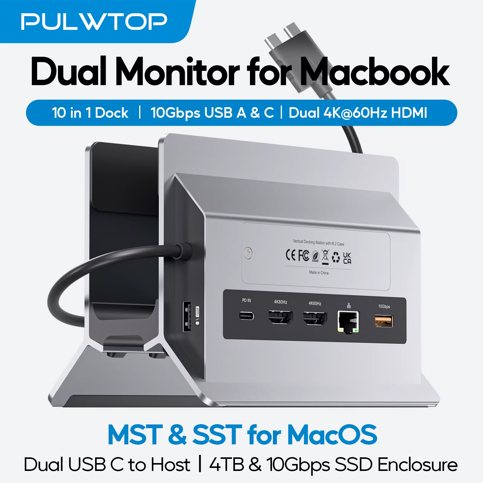 PULWTOP Station d'accueil pour MacBook double moniteur avec 2 HDMI 4K60Hz, USB A/C 10Gbps, PD, Ether