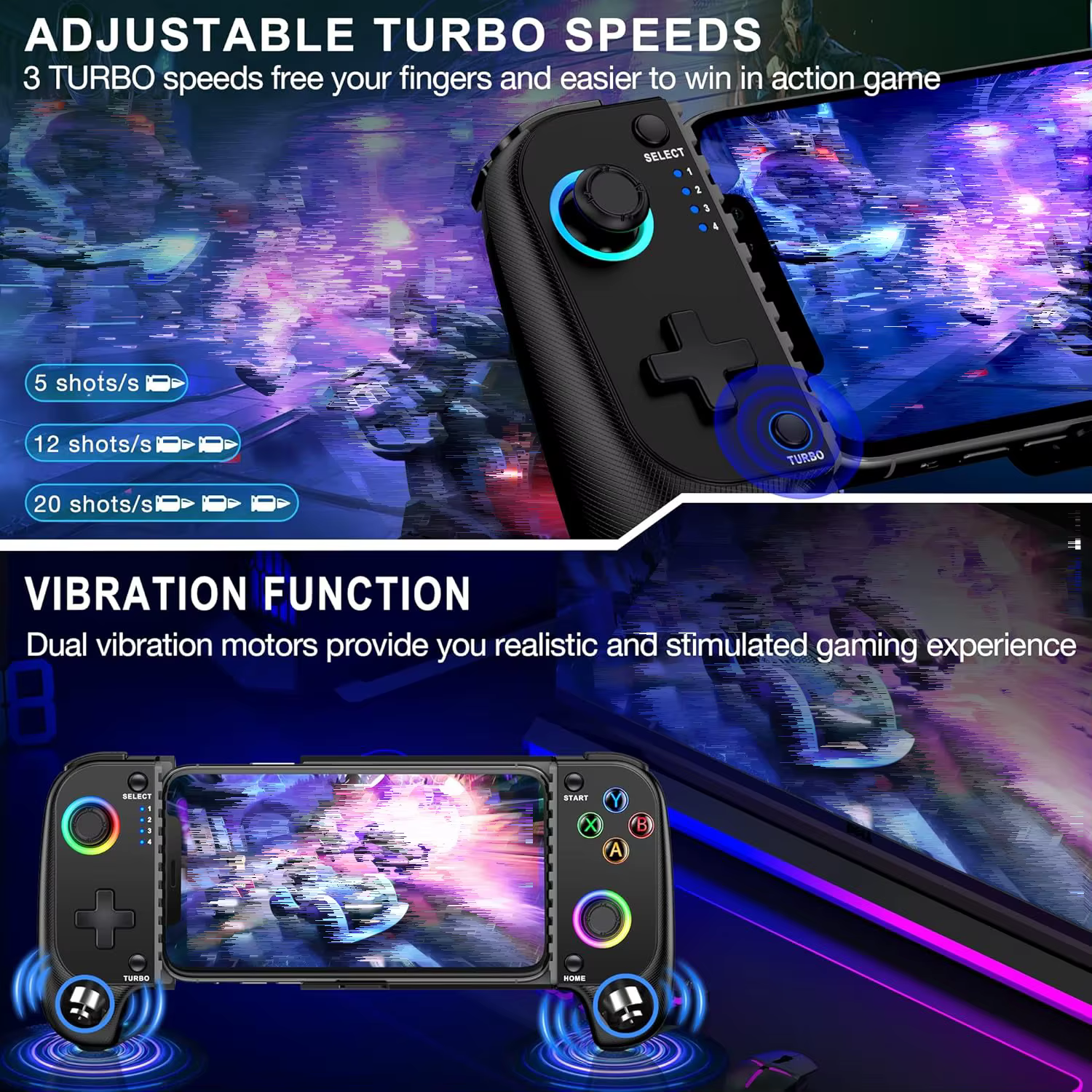 Manette de jeu sans fil 7009F pour iOS/Android avec joystick à effet Hall et éclairage RGB, manette 