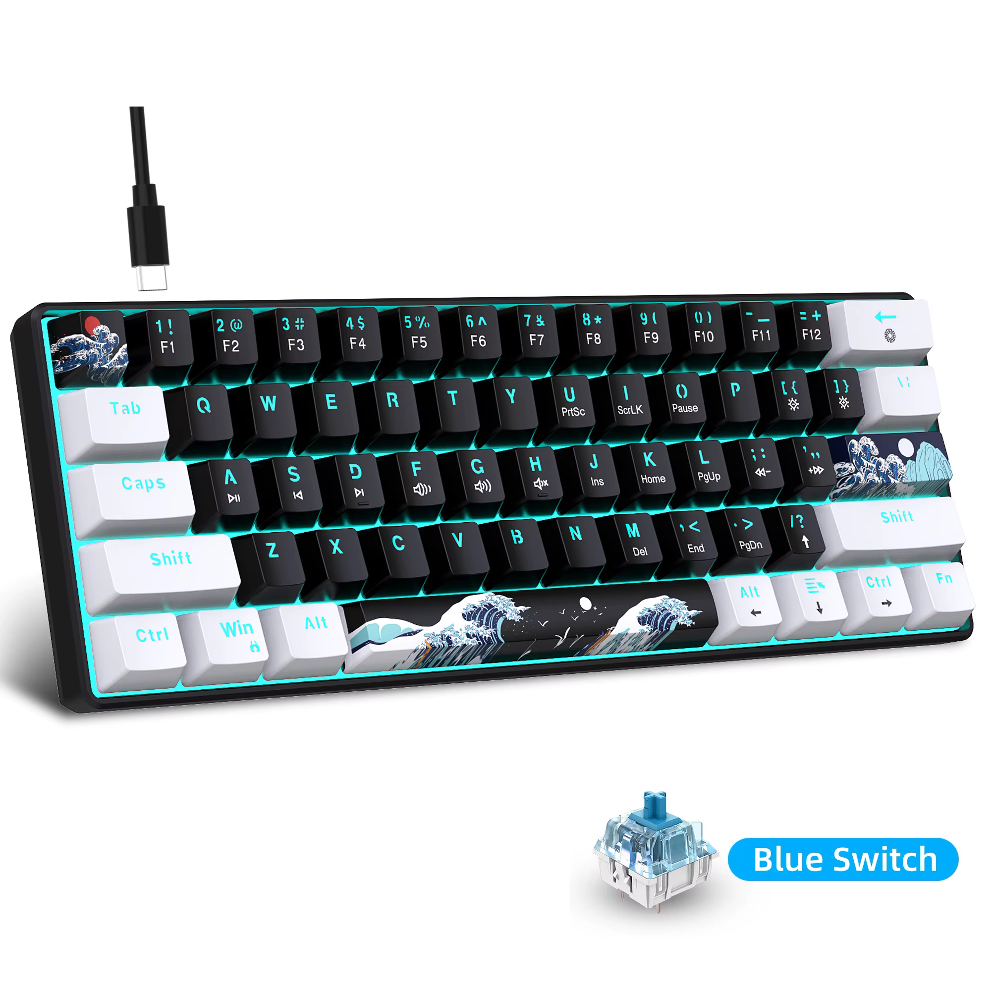 Clavier mécanique de jeu 60% Ultra Compact, Mini 61 touches avec interrupteurs bleus, touches Anti-i