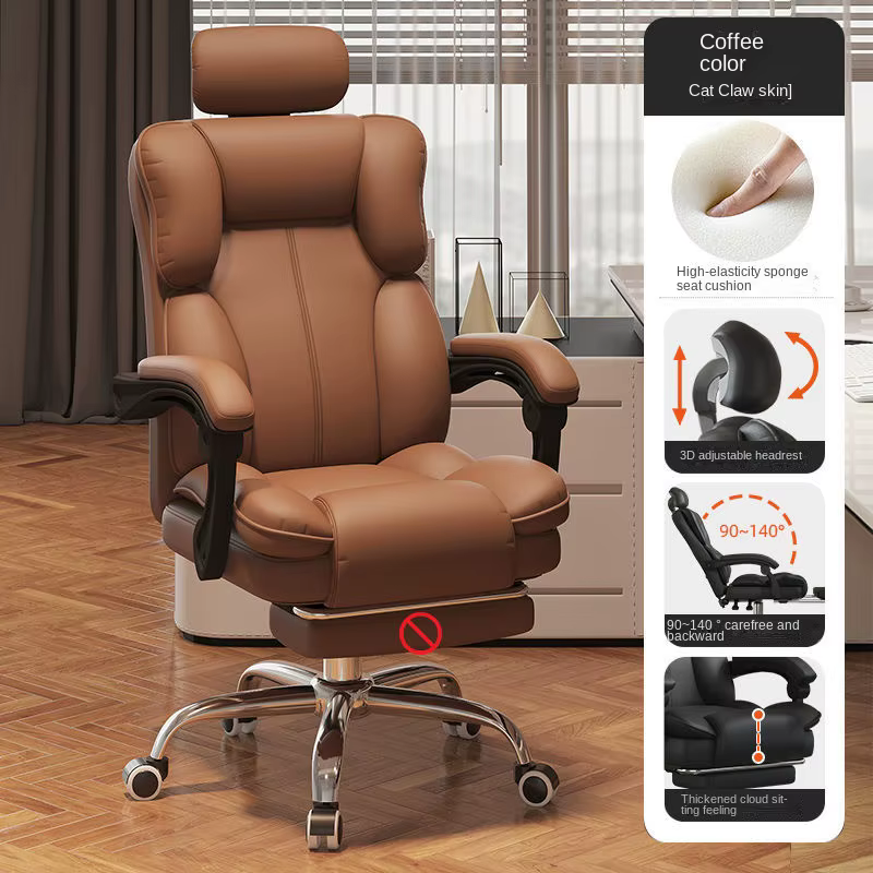 Chaise de bureau ergonomique de luxe à dossier haut en cuir PU avec appui-tête, support lombaire, ré