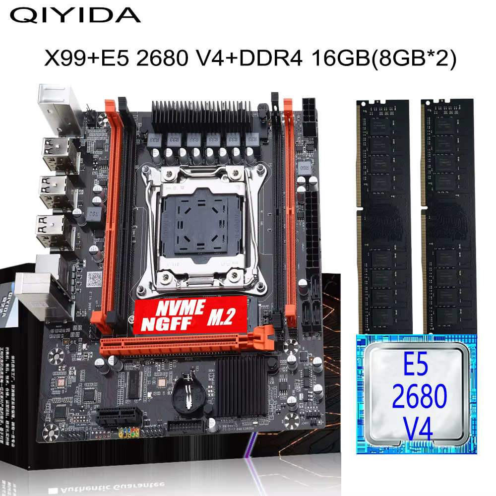 Kit de carte mère de jeu X99 avec processeur Xeon E5 2680 V4, 16 Go de RAM DDR4 (8 Go x 2), M.2 NVME