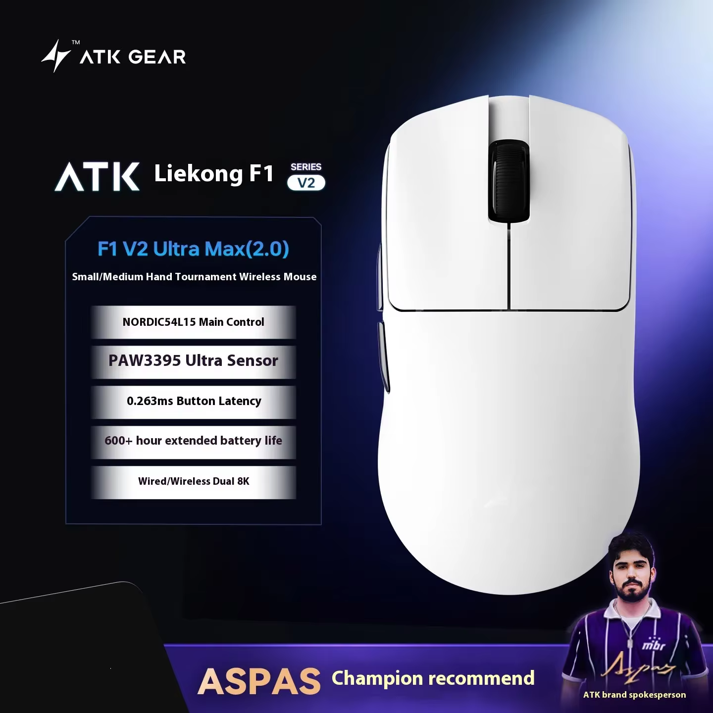 ATK F1V2 souris de jeu ergonomique légère longue durée de vie de la batterie double 8K personnalisé