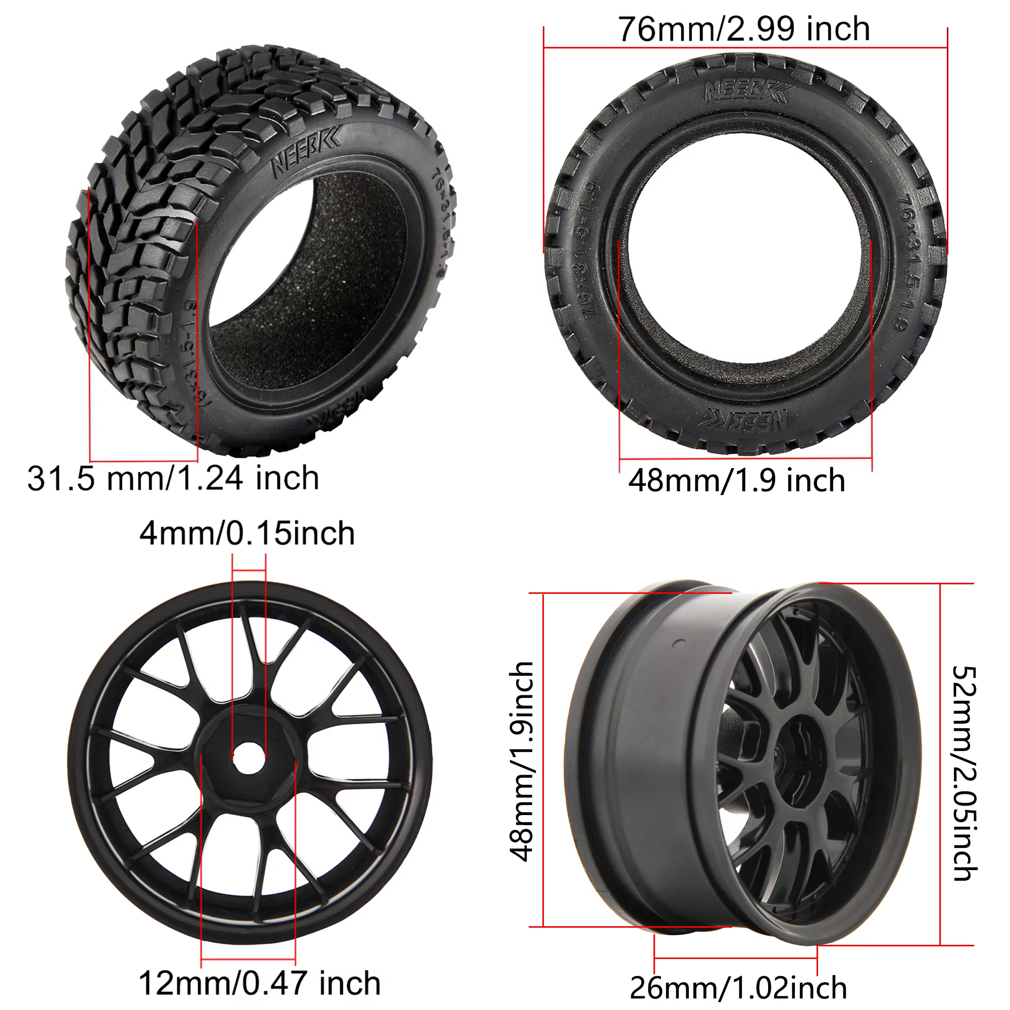Pneus de Buggy tout-terrain de 1.9 pouces, 75mm, roue de 12mm, moyeux hexagonaux en caoutchouc pour 