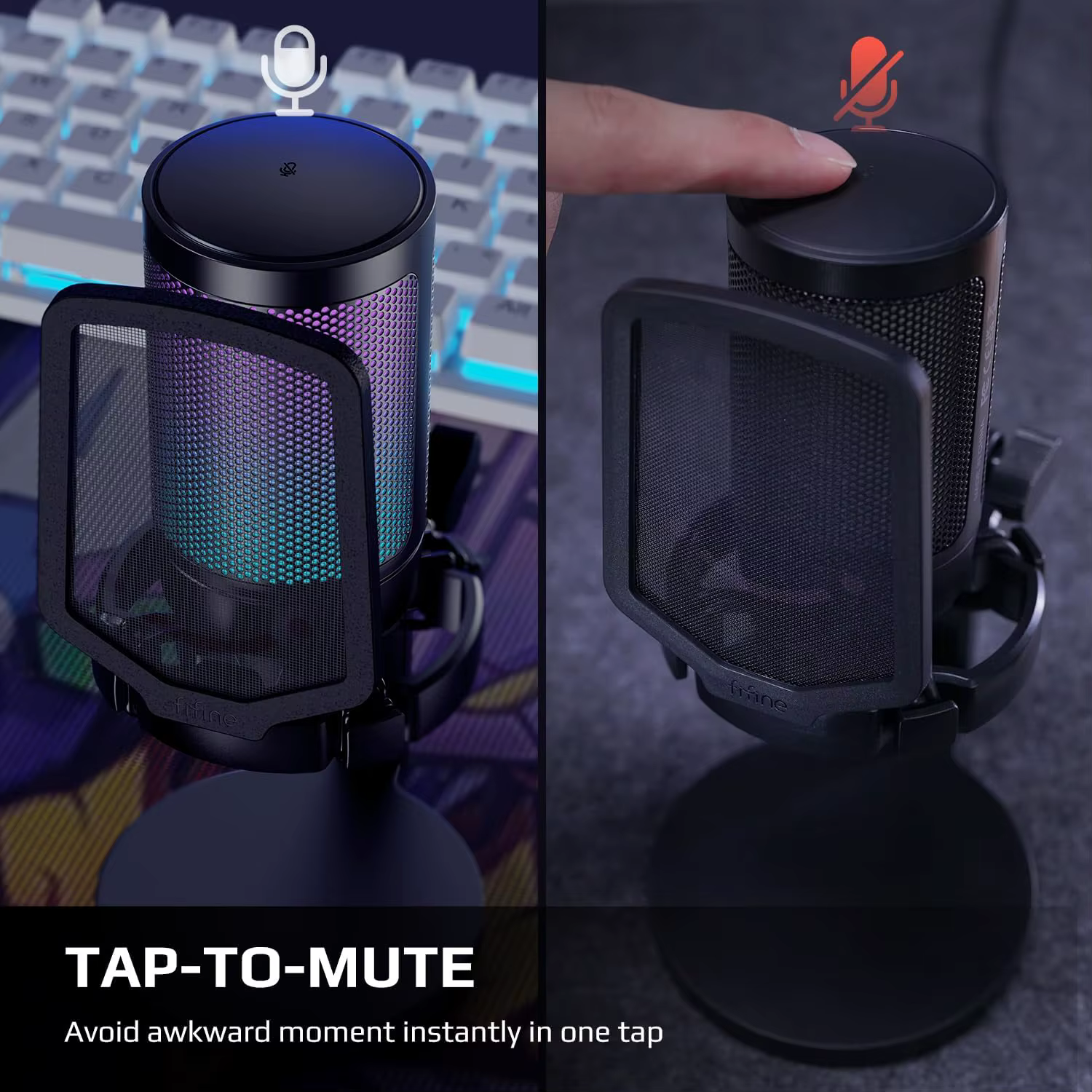 AmpliGame by FIFINE Microphone de jeu USB avec RVB, Bouton de gain, Muet tactile, Micro à condensate