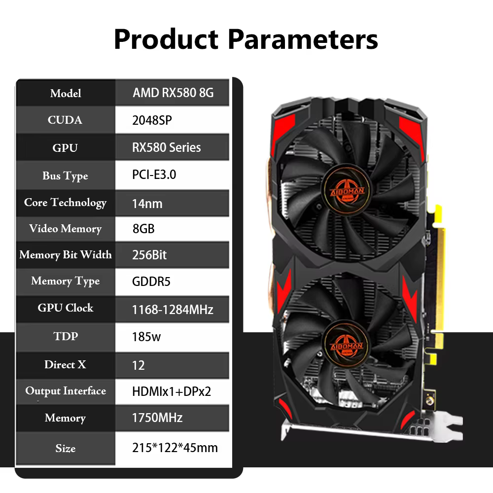 Carte graphique Radeon RX580 8G PCIE3.0x16 GDDR5 256 bits, carte mémoire pour jeux vidéo, adaptée au