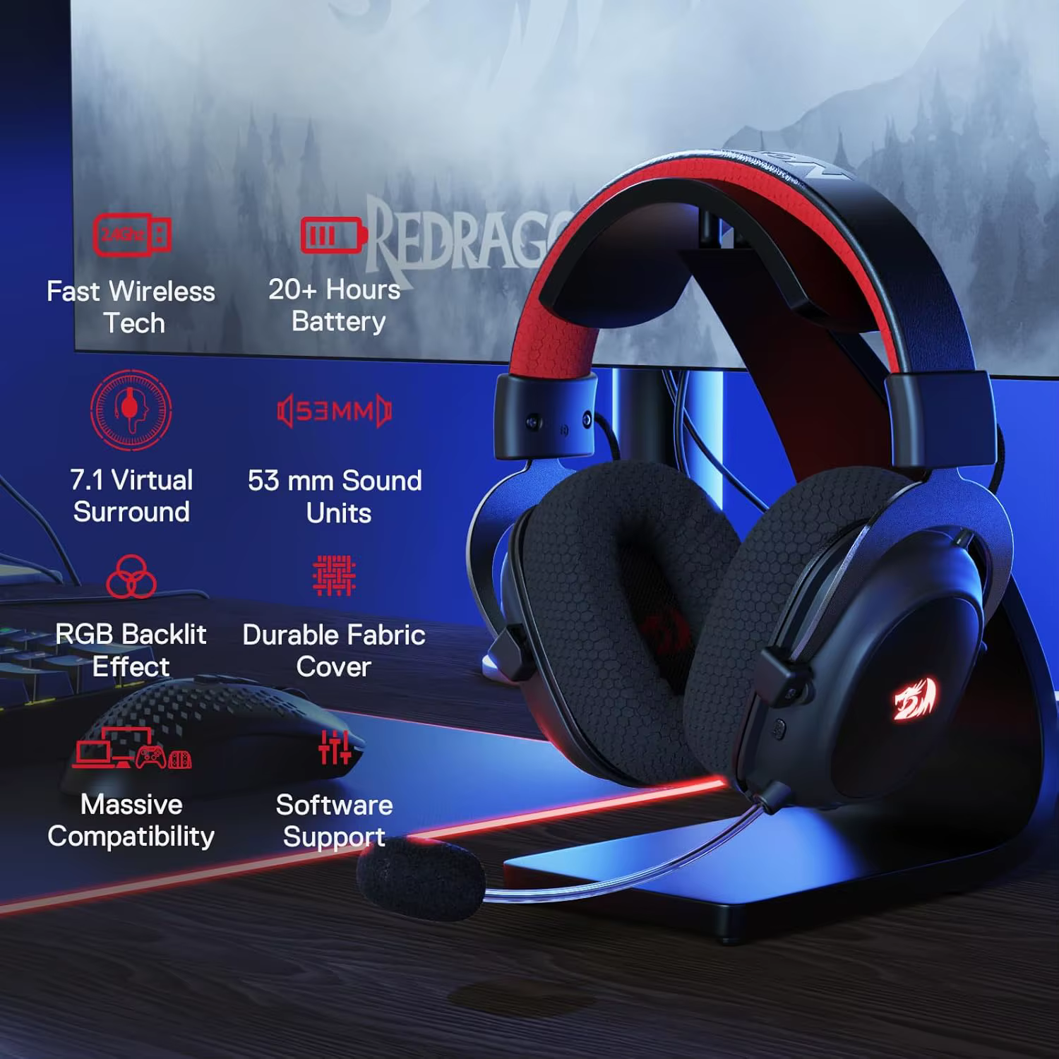 Redragon H510 PRO Zeus-X RGB casque de jeu sans fil 7.1 son Surround 53MM pilotes Audio multi-platef
