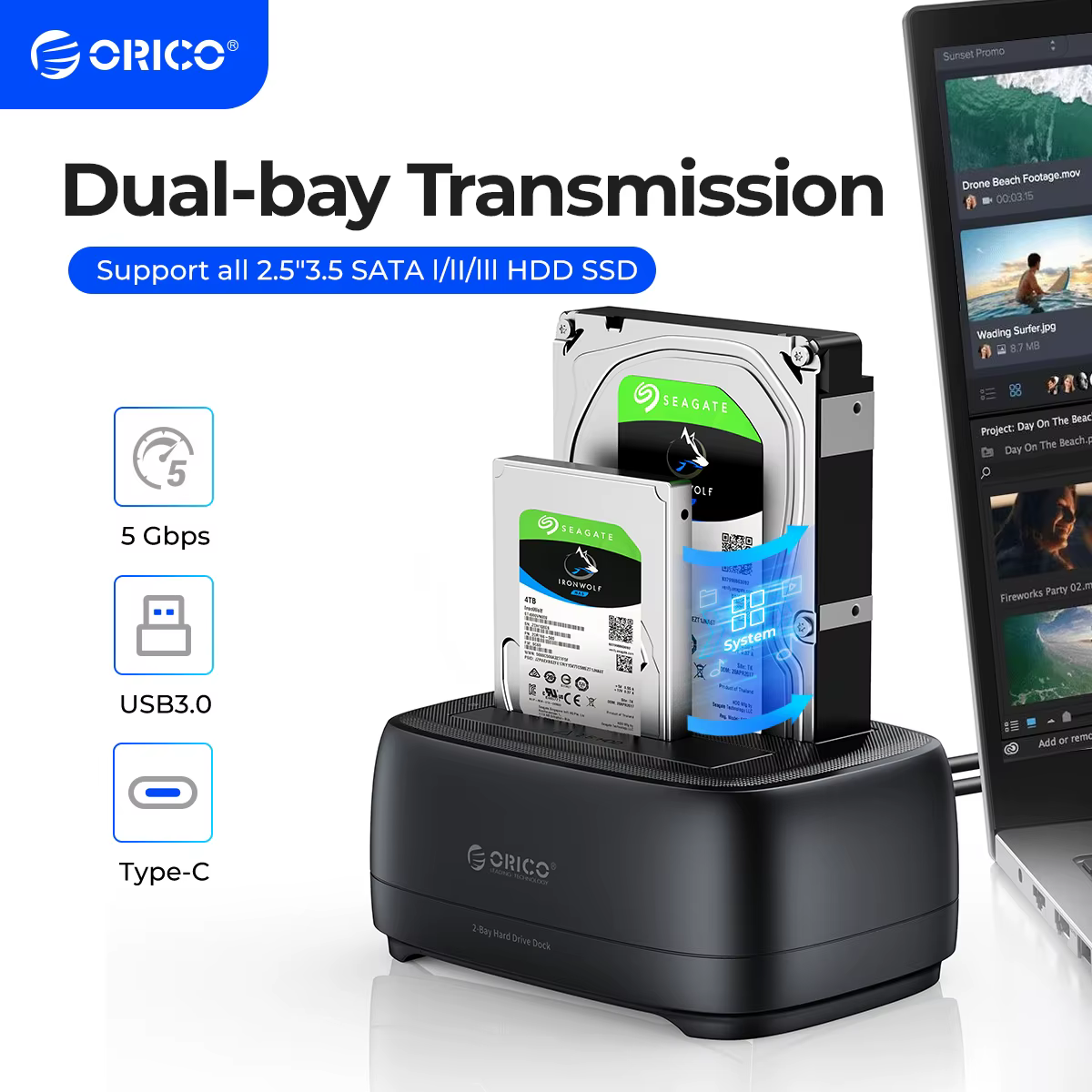 ORICO Station de disque dur double baie USB3.0 5Gbps type-c HDD Station d'accueil avec adaptateur d'