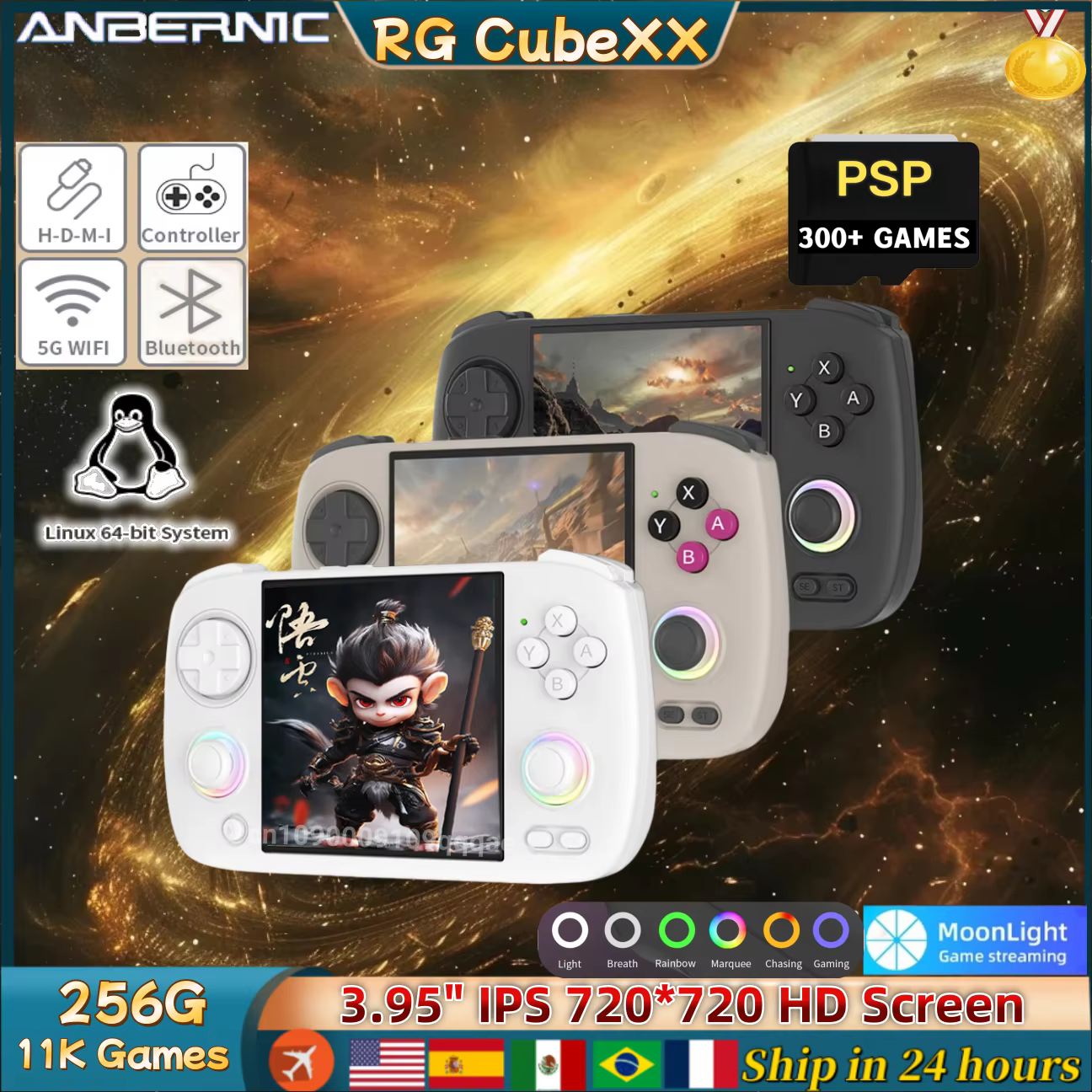 ANBERNIC RG CubeXX Console de jeu portable 3.95 "IPS HD écran Linux WIFI Bluetooth 256G PSP RG Cube 
