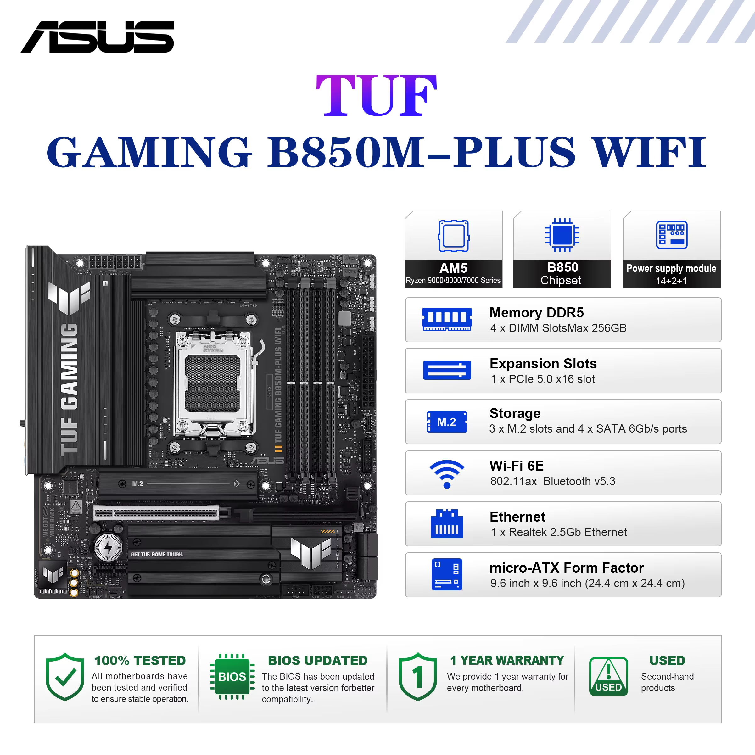 Carte mère ASUS TUF GAMING B850M-PLUS WIFI, socket AM5, processeur DDR5 8000+MT/s(OC), chipset B850,