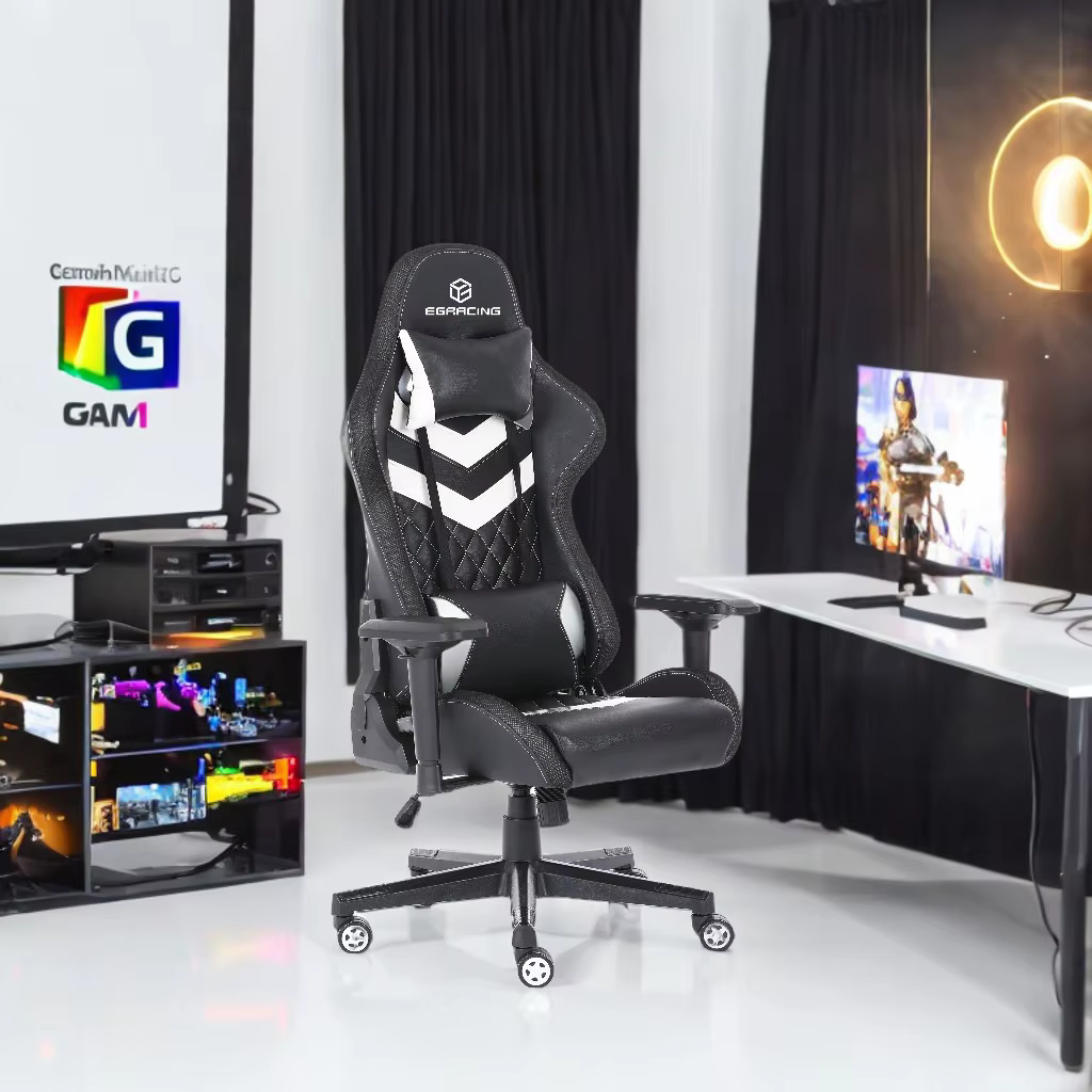 Chaise de jeu ergonomique en cuir PU noir pour bureau et gaming