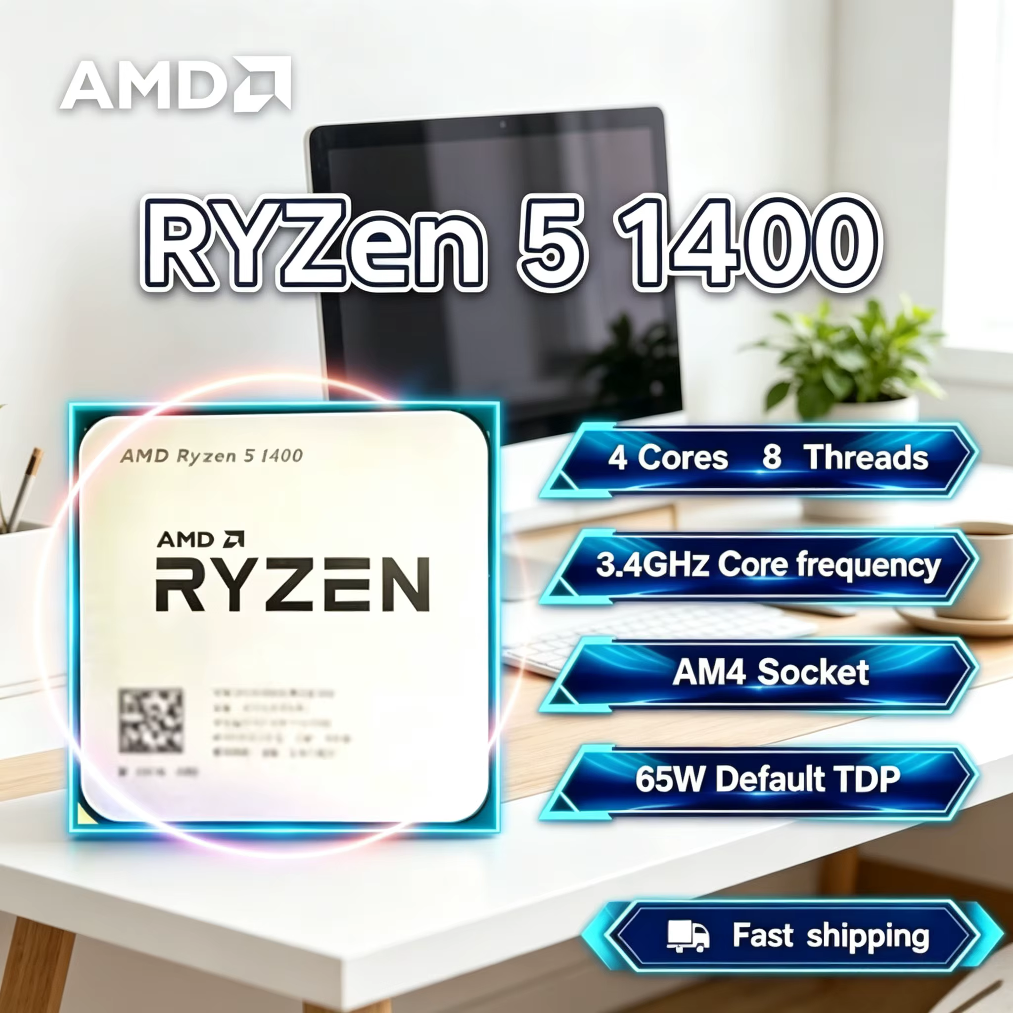 Processeur de bureau gaming AMD Ryzen 5 1400 4C 8T, 3,4 GHz Max Boost, débloqué, AM4 Zen, 8 Mo de ca