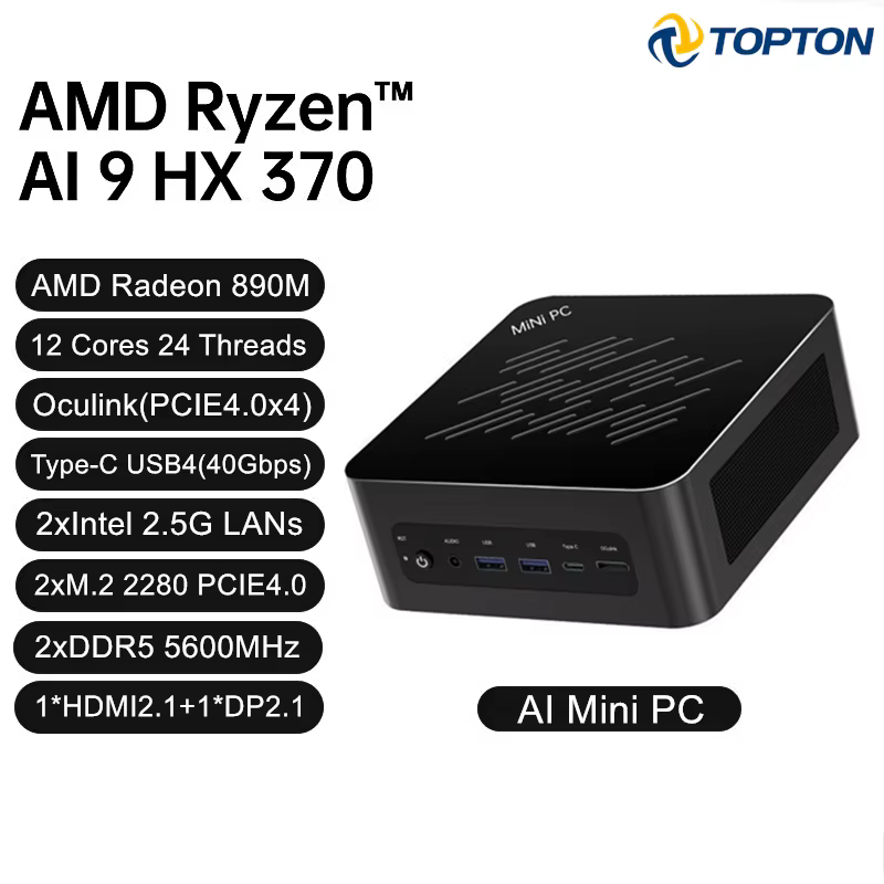 Mini PC de jeu Topton Oculink AMD Ryzen AI 9 HX 470 370 7 PRO 360 USB4 2x2.5G LAN 2xNVMe Windows 11 