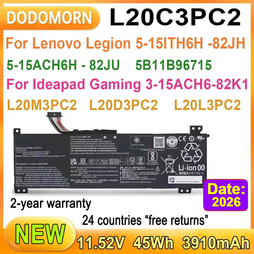 Batterie pour ordinateur portable Lenovo Emergency Apad Gaming 3, 15156, 6, 15IHU6, 82K1, 82K2, L20L