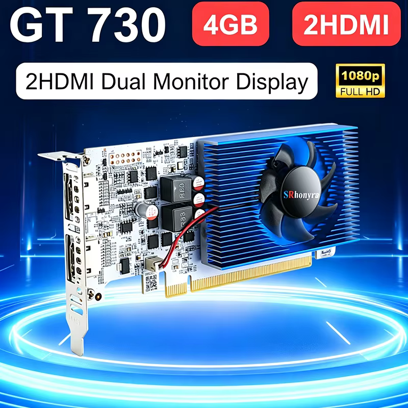 Carte graphique SRhonyra GT730 4 Go, GPU 1080P à profil bas GDDR3 2HDMI PCI-E2.0 16X