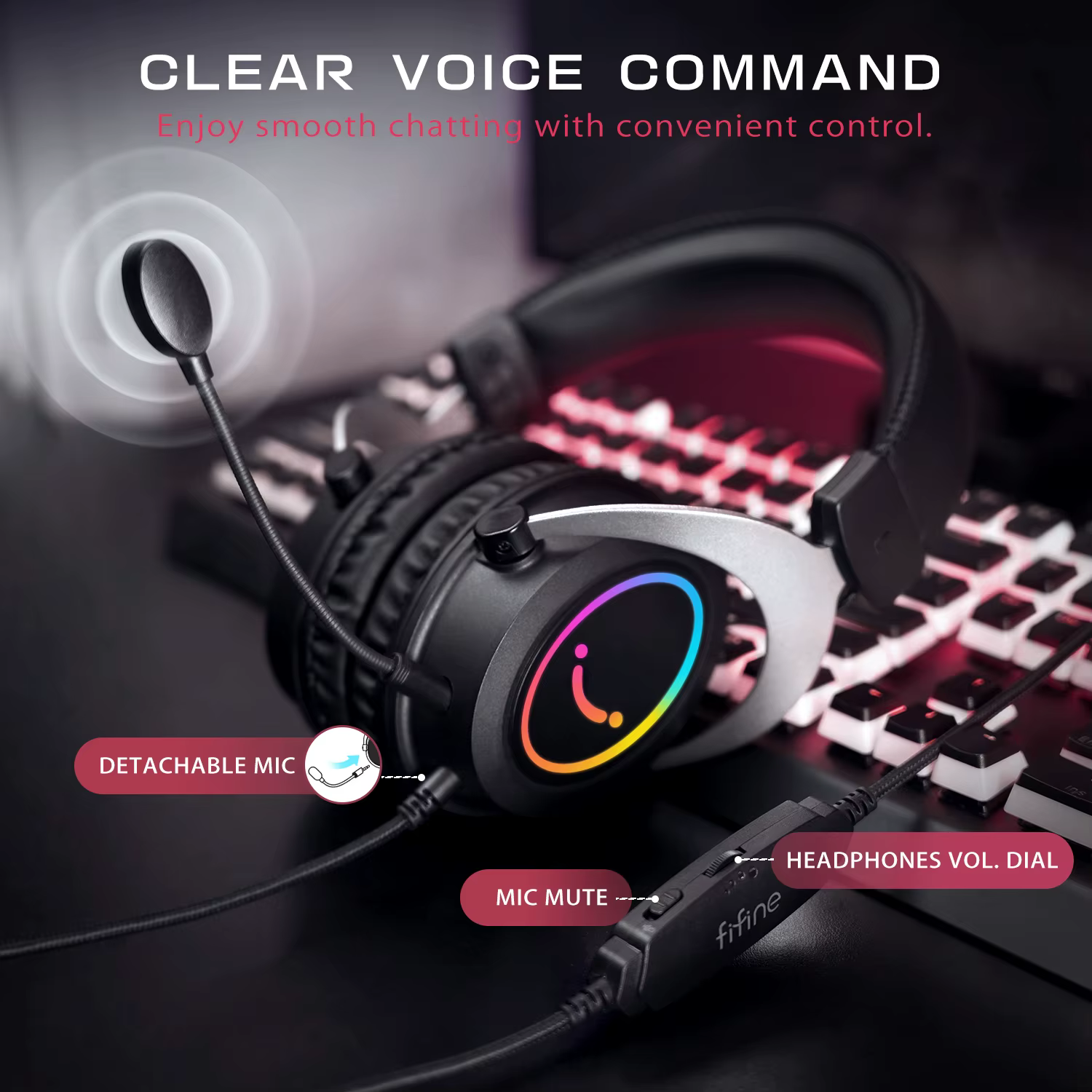 Casque de jeu FIFINE avec contrôle dynamique rvb/micro/en ligne, coussinets d'oreille en mousse à mé
