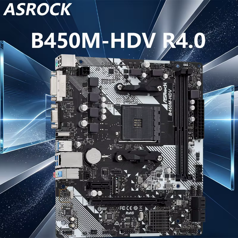 Carte mère B450 AM4 ASROCK B450M-HDV R4.0, compatible avec les processeurs Ryzen 7 5700X3D, 5700X, 5