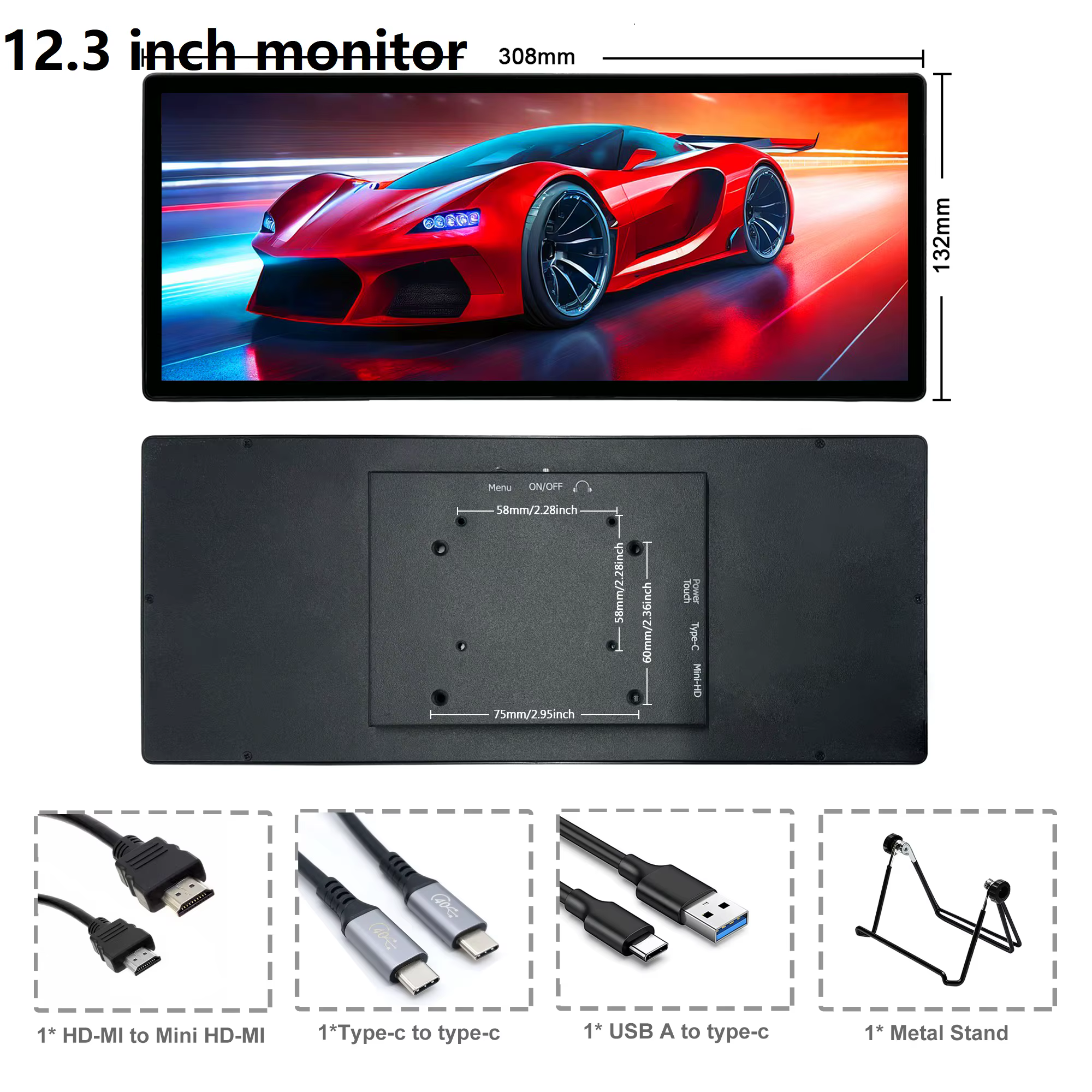 Wisecoco12.3/14.5 ''2560x720 barre étirée écran Pc moniteur HDMI tactile Portable moniteur de jeu po