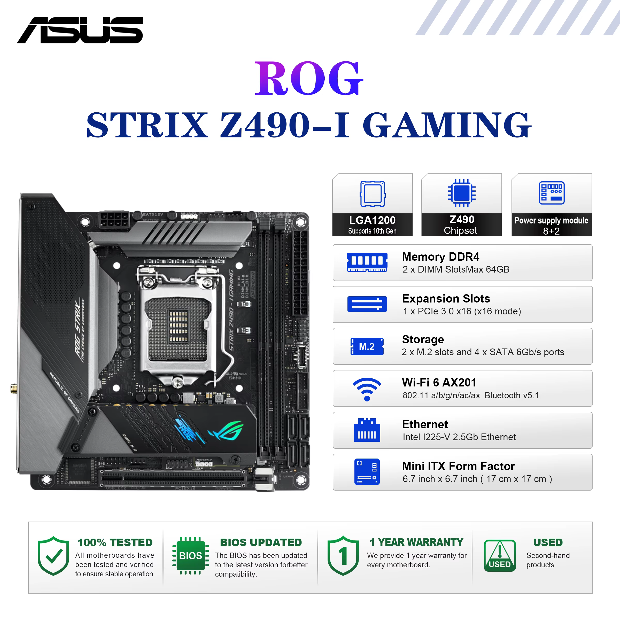 Carte mère ASUS ROG STRIX Z490-I GAMING, socket LGA1200, prend en charge les processeurs de 10e géné