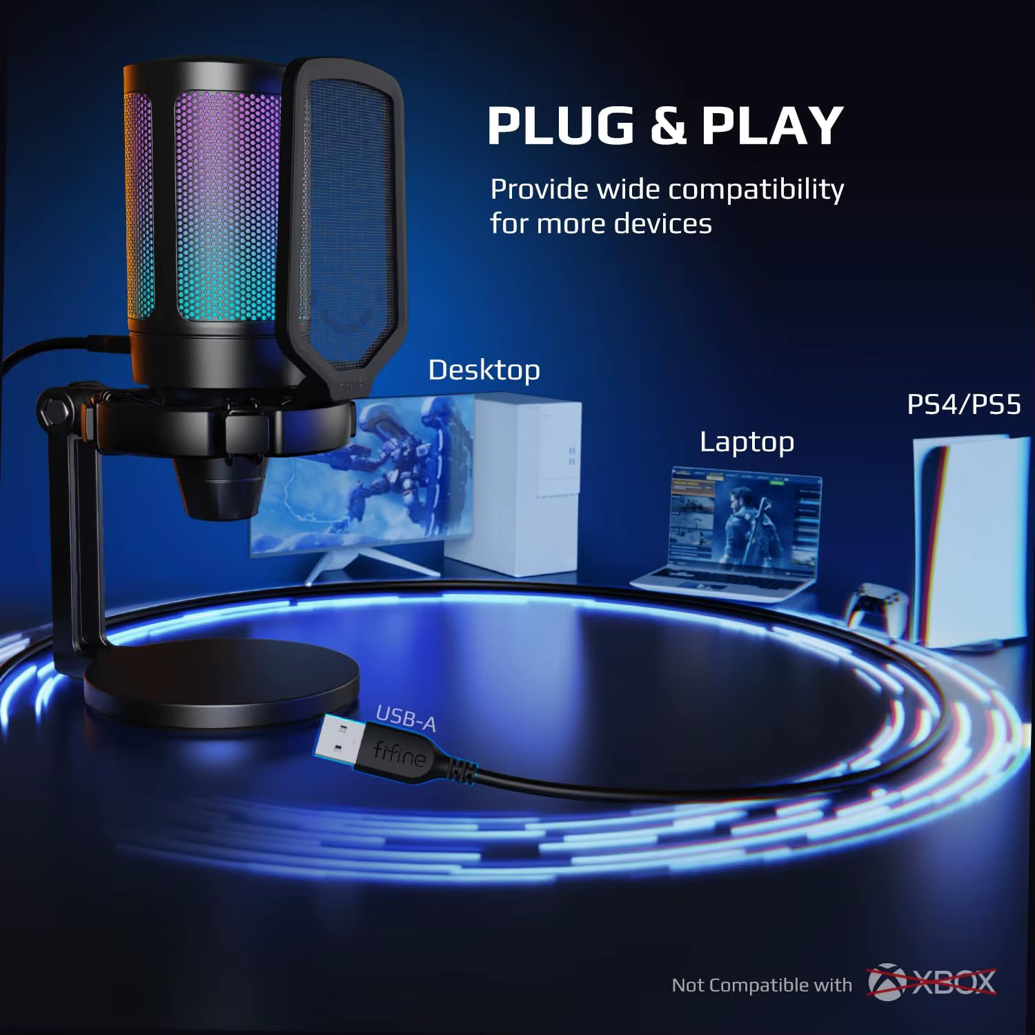 AmpliGame by FIFINE Microphone de jeu USB avec RVB, Bouton de gain, Muet tactile, Micro à condensate