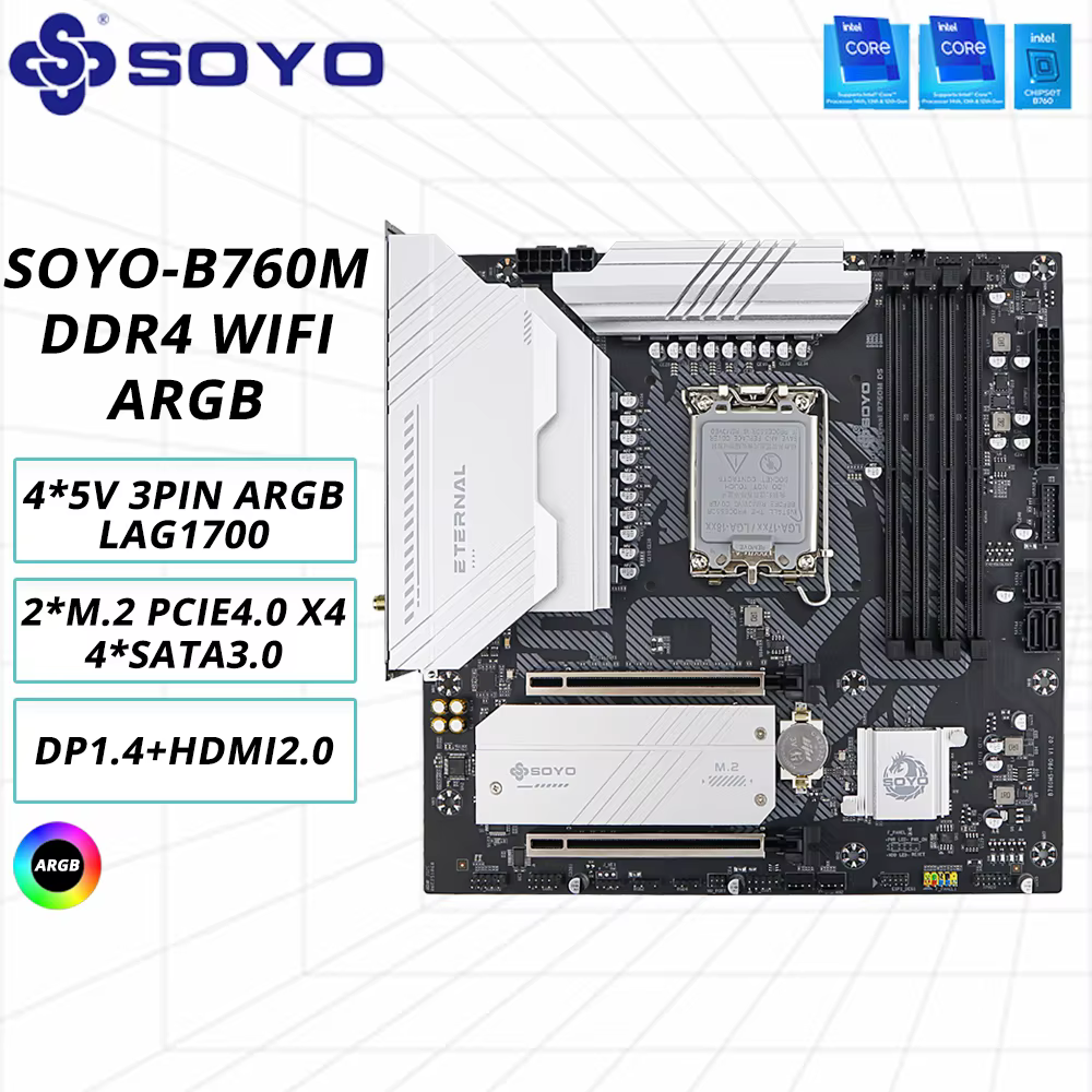 SOYO B760M D4 WiFi DDR4 LGA 1700 Intel B760 M-ATX carte mère 2 * M.2 PCIe 4.0 type-c WiFi6 ARGB USB3