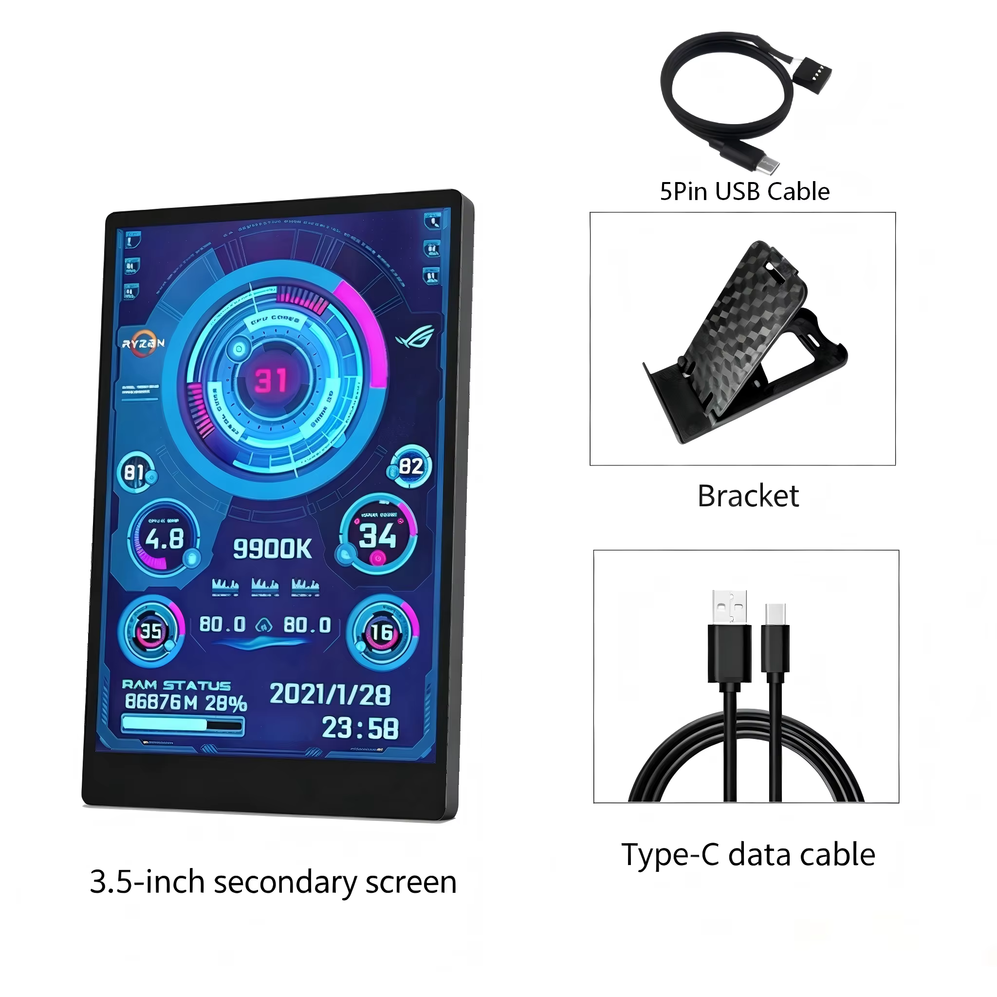 Écran secondaire USB de type C IPS de 3,5 pouces, affichage USB pour CPU, GPU, RAM, HDD, prise en ch