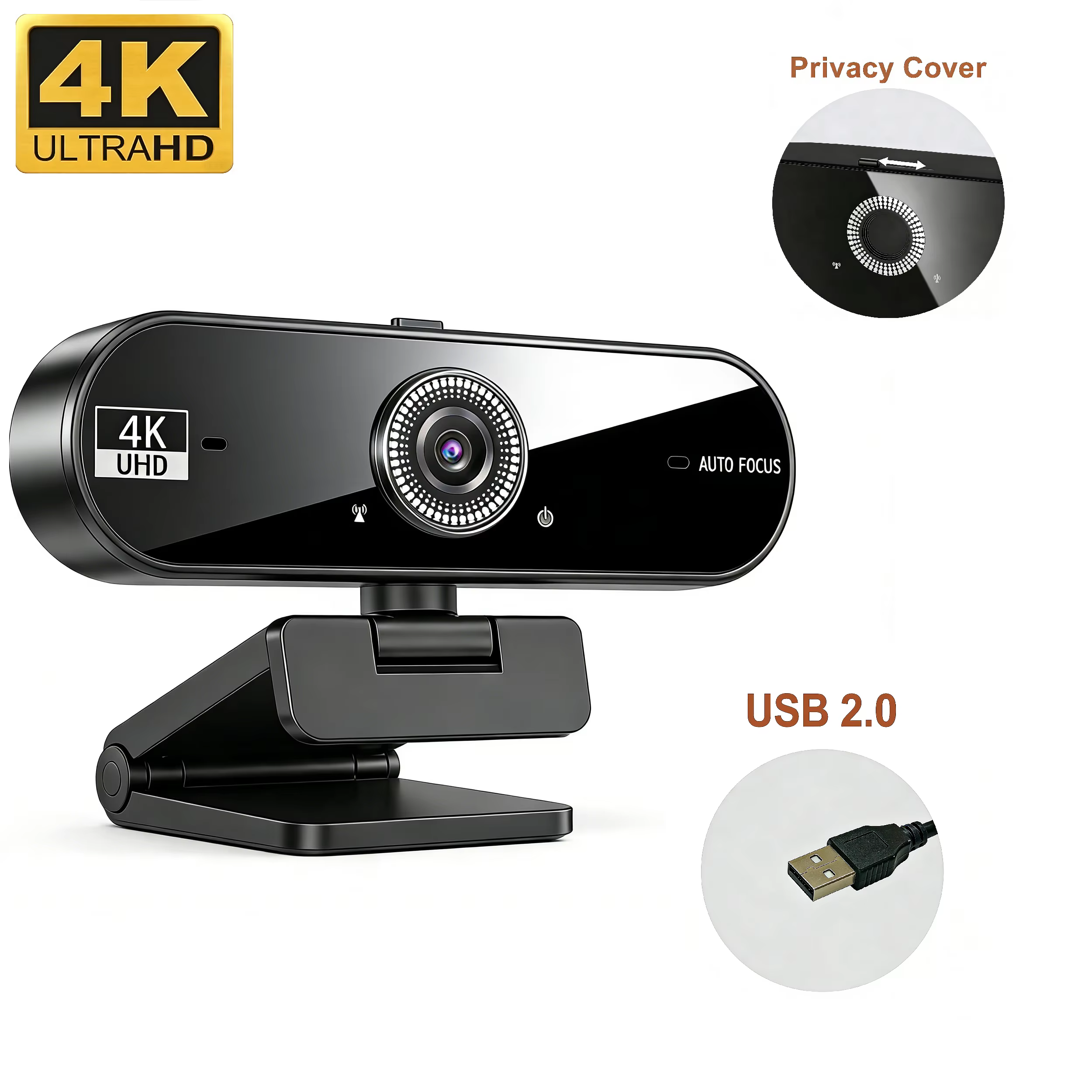 Webcam 4K pour PC, 30fps, autofocus, caméra web avec microphone à réduction de bruit, cache de confi