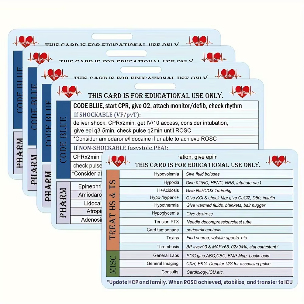 Carte de référence en forme de cœur, 5 pièces, Code CPR, étiquette EMT/RN/MD bleue pour médical 2.9x